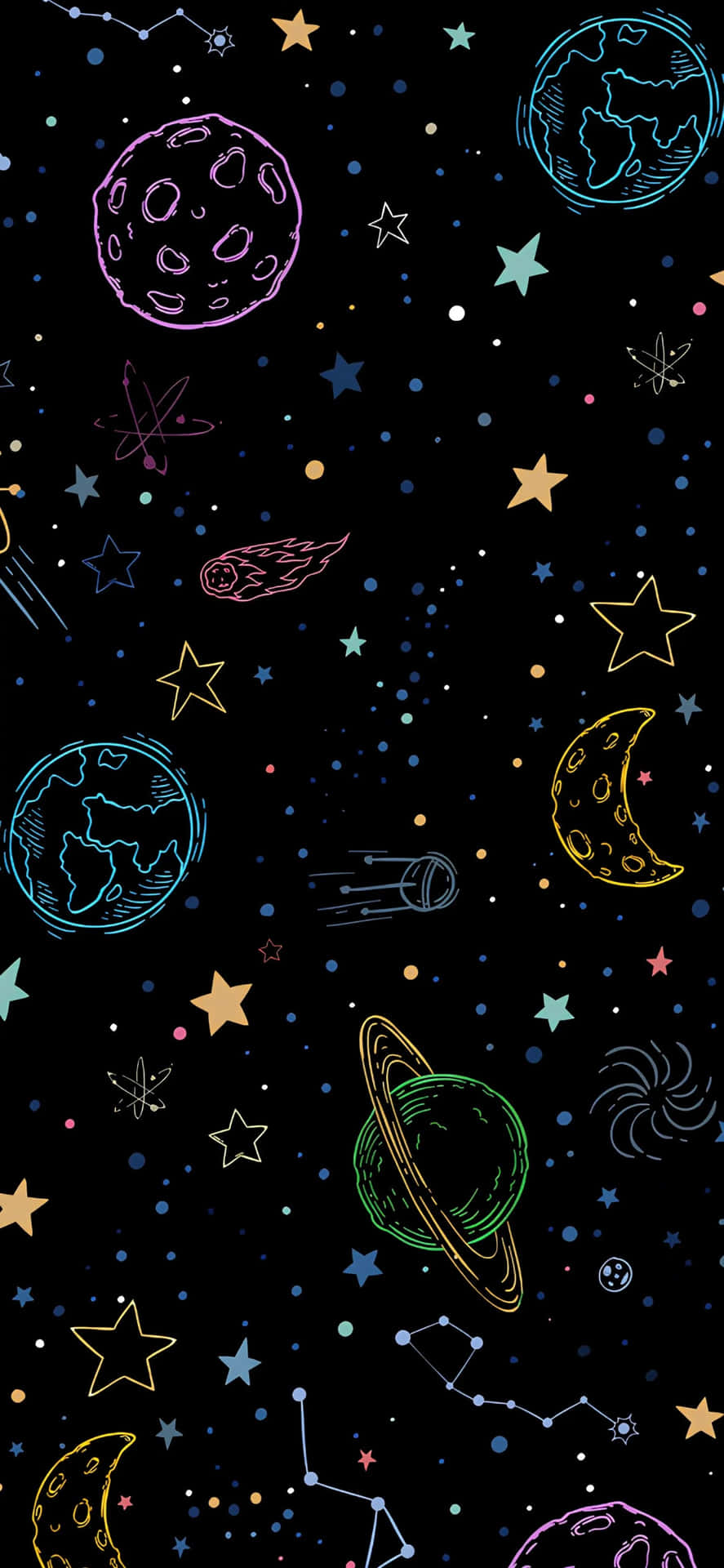  壁紙 — 一個宇宙塗鴉風格的牆紙，手繪的行星、星星和星座在黑色背景上發光。