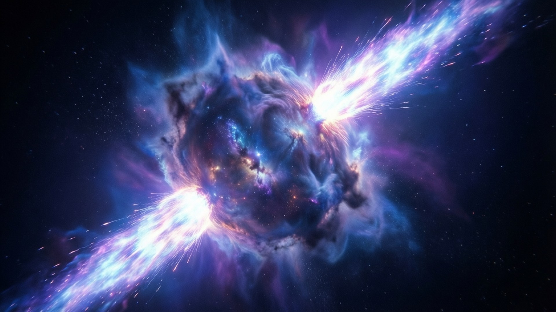 Protostar 桌布 壁紙 — 一個宇宙星雲在繁星點綴的黑色虛空中爆發岀耀眼的藍色和紫色噴流。