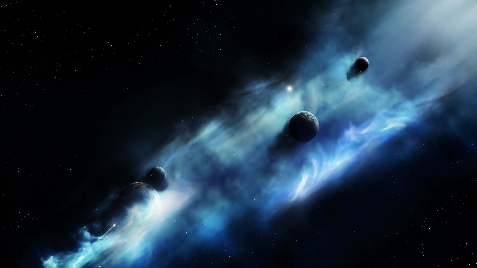  壁紙 — 一個宇宙星雲，帶有發光的藍色雲朵和漂浮的行星，在佈滿星辰的虛空中飄移。
