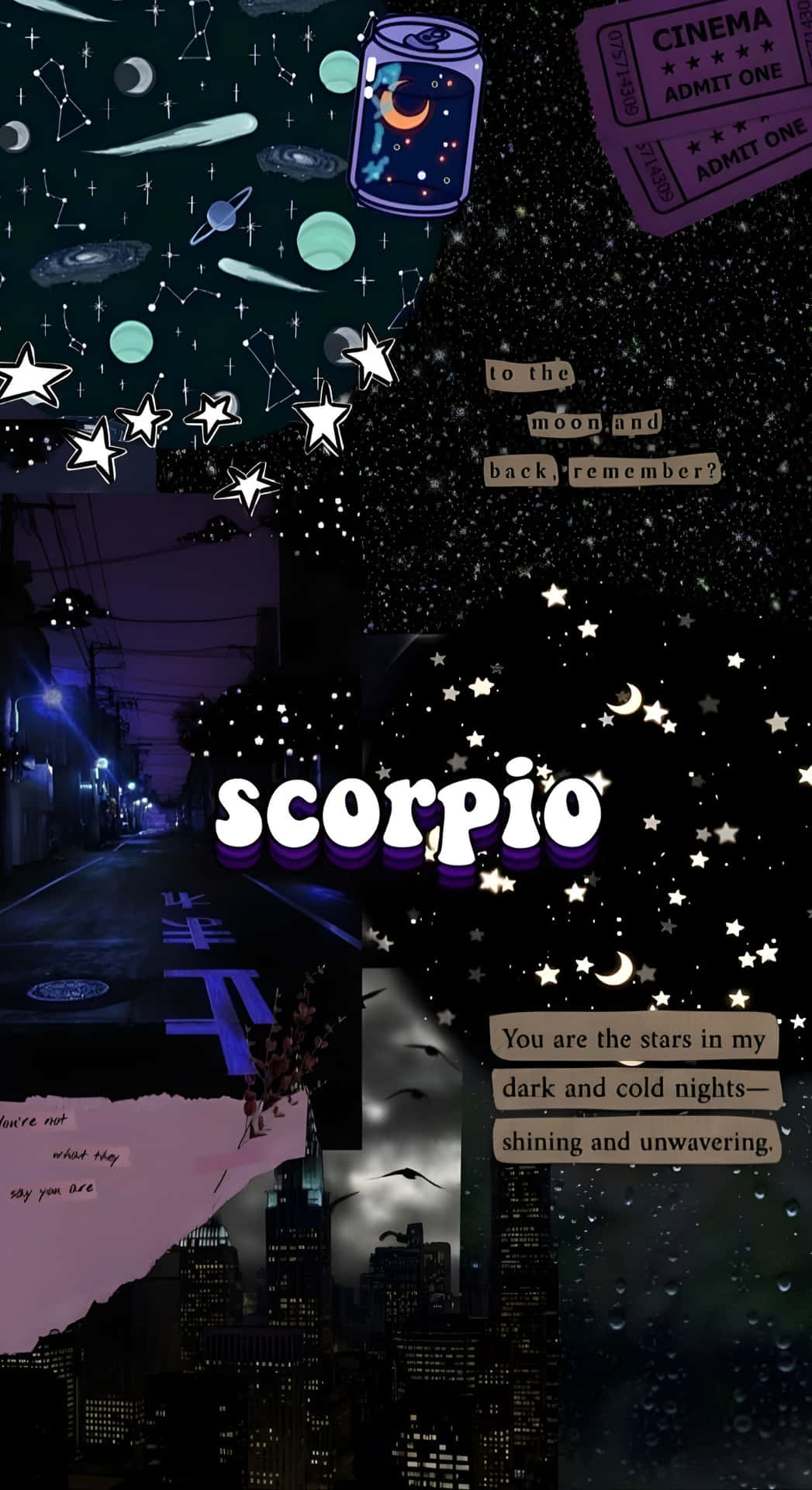  壁紙 — 一個宇宙夜景，星星、行星和電影票疊加在黑暗的城市街道上，星空下。