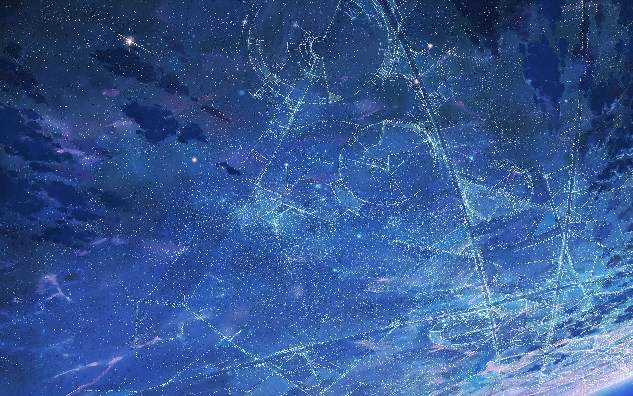 星座在繁星點點的夜空中與星雲一同閃耀的天體圖。