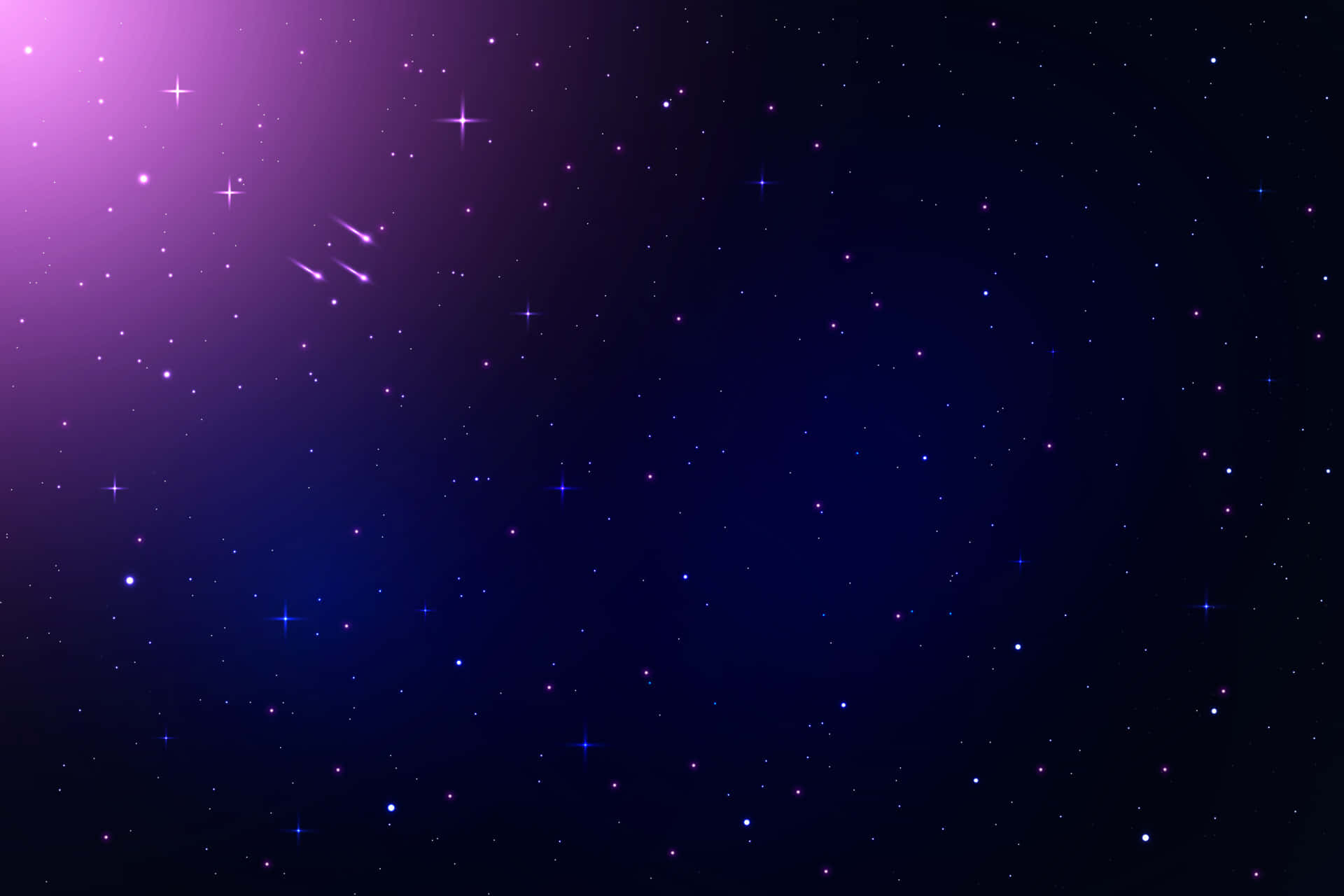 紫色和藍色漸變的夜空，帶有閃爍的星星和兩顆流星。