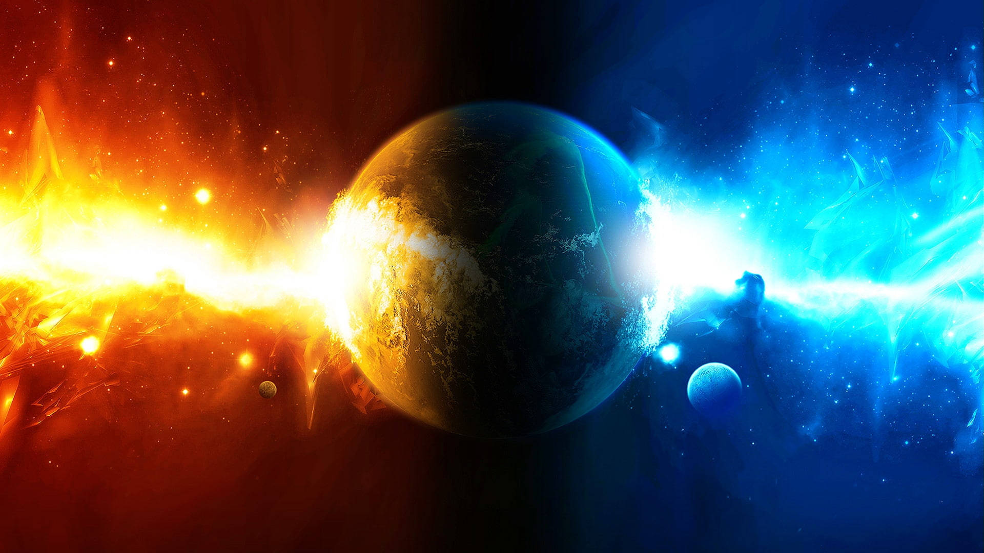 行星被火橙色和電藍色宇宙星雲包圍，伴有星星。
