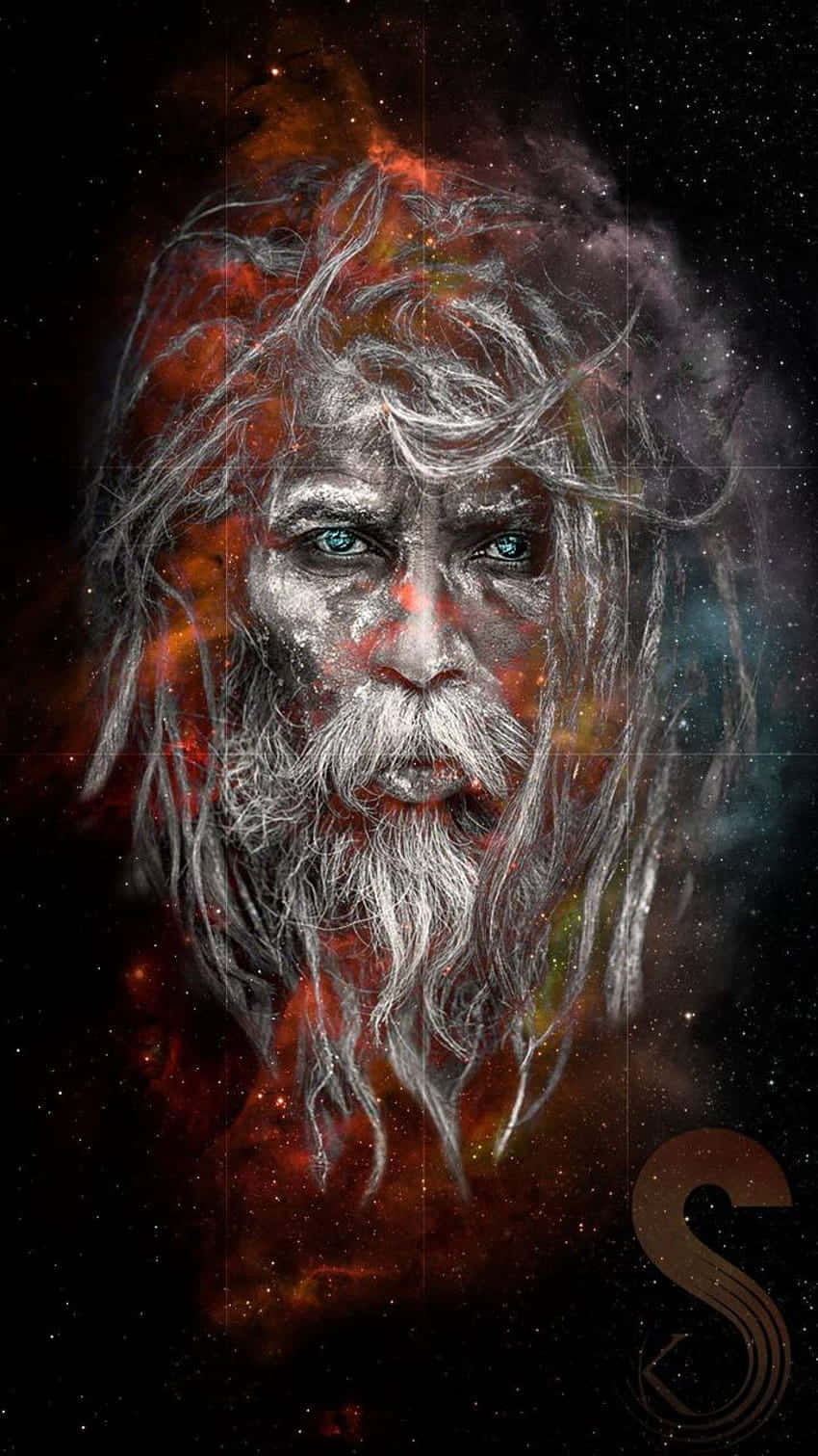  壁紙 — 一個鬍鬚男子的宇宙肖像，眼睛發光，背景是充滿活力的星雲和星場。