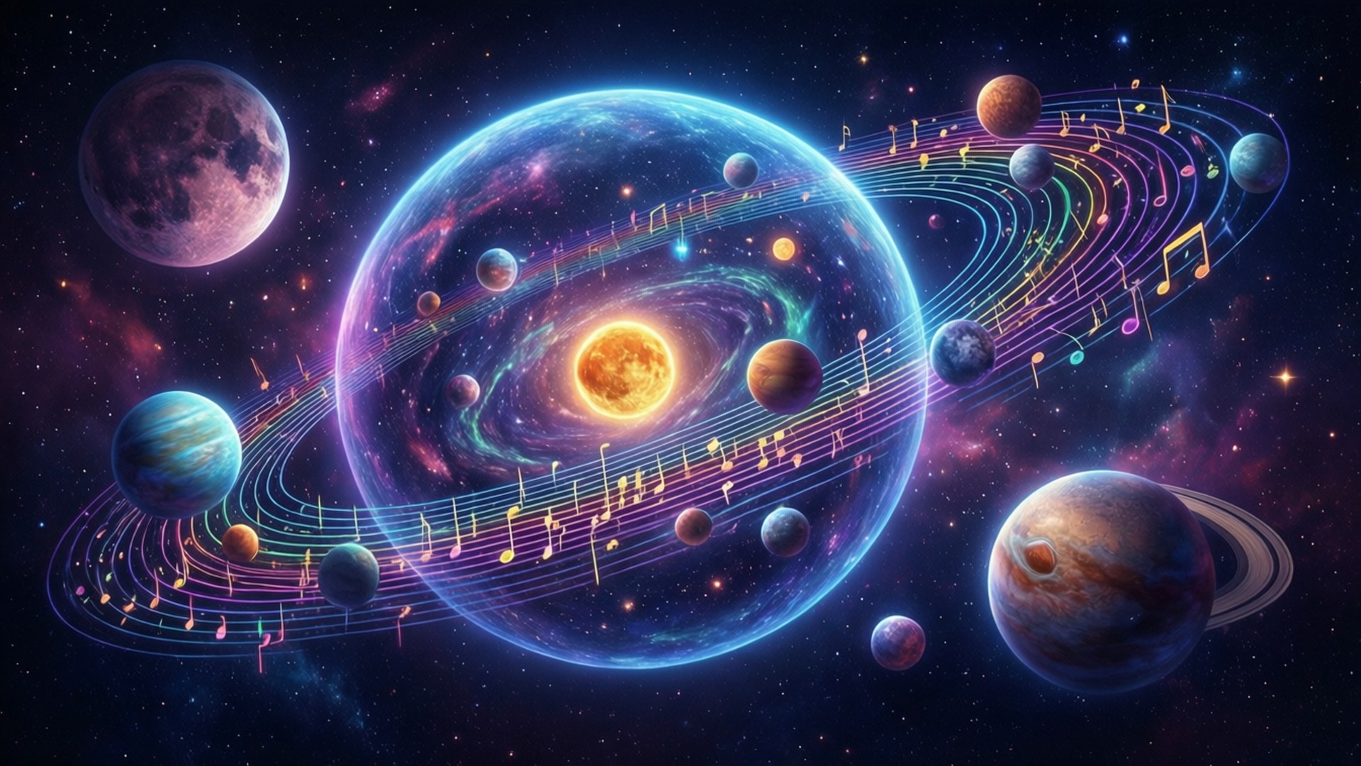 Coldplay 桌布 壁紙 — 一個宇宙場景，行星圍繞著發光的太陽運行，交織著充滿活力的音符和發光的軌跡。