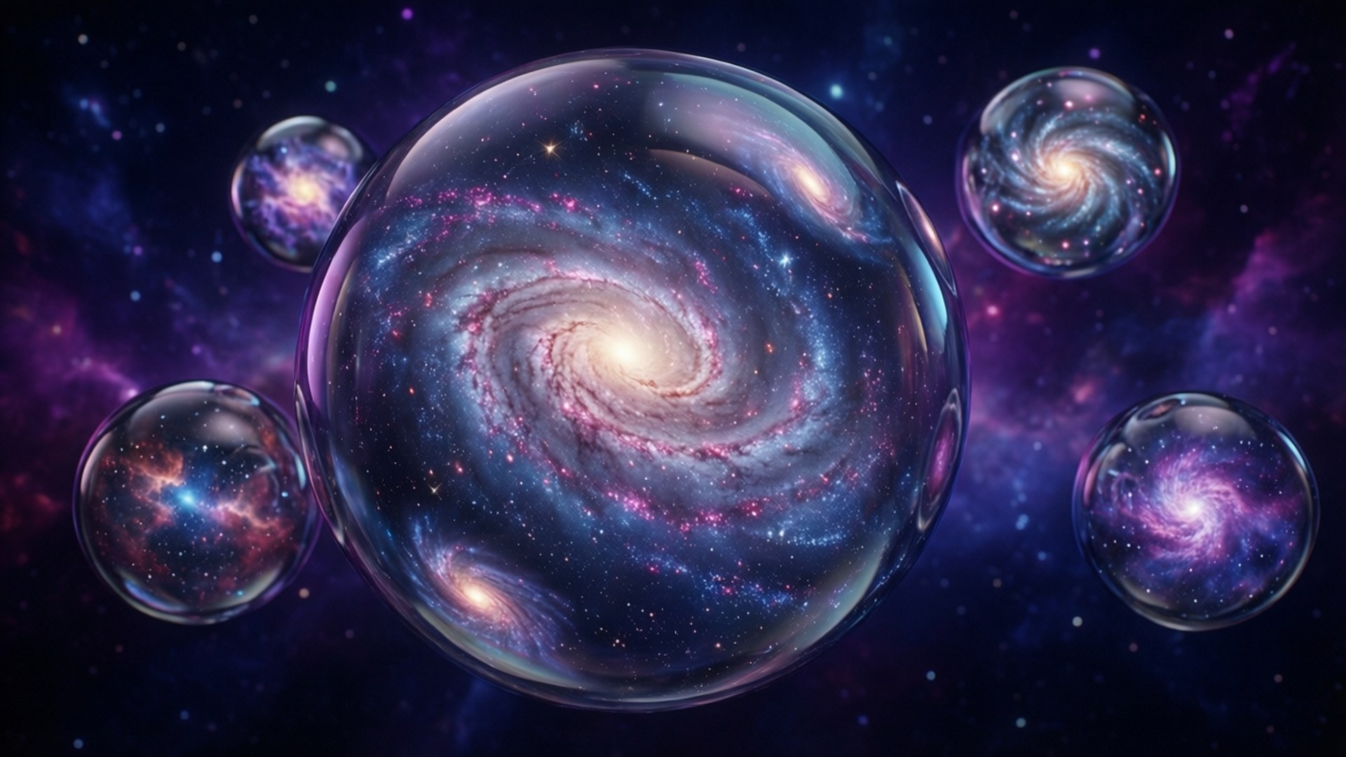 Rotate 桌布 壁紙 — 一個宇宙場景，發光的螺旋星系被包裹在透明氣泡中，漂浮在繁星點點的紫色和藍色星雲背景上。