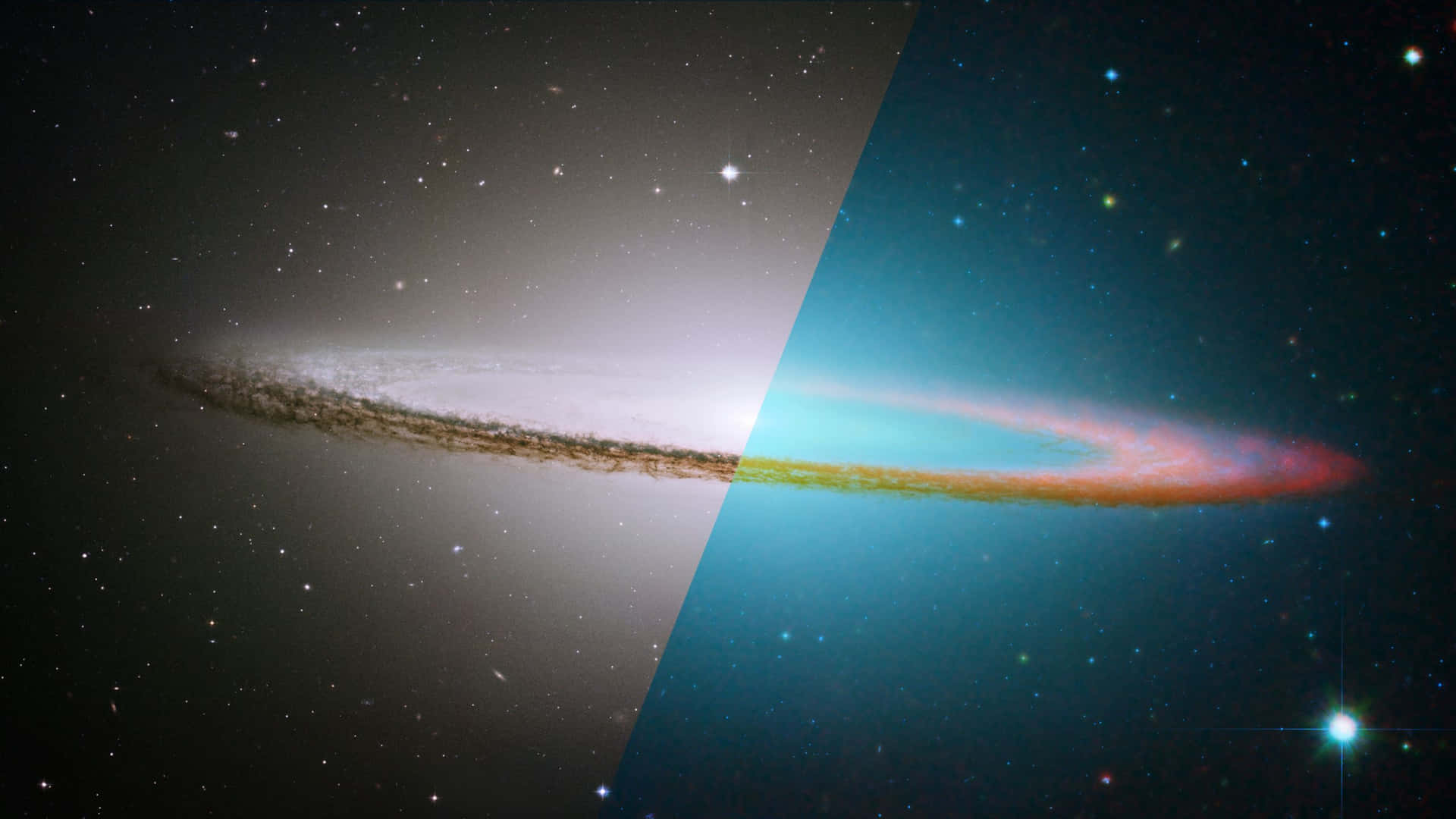  壁紙 — 一個螺旋星系的宇宙分割視圖，一半色調柔和，另一半呈現鮮豔彩虹色調，背景是星空。