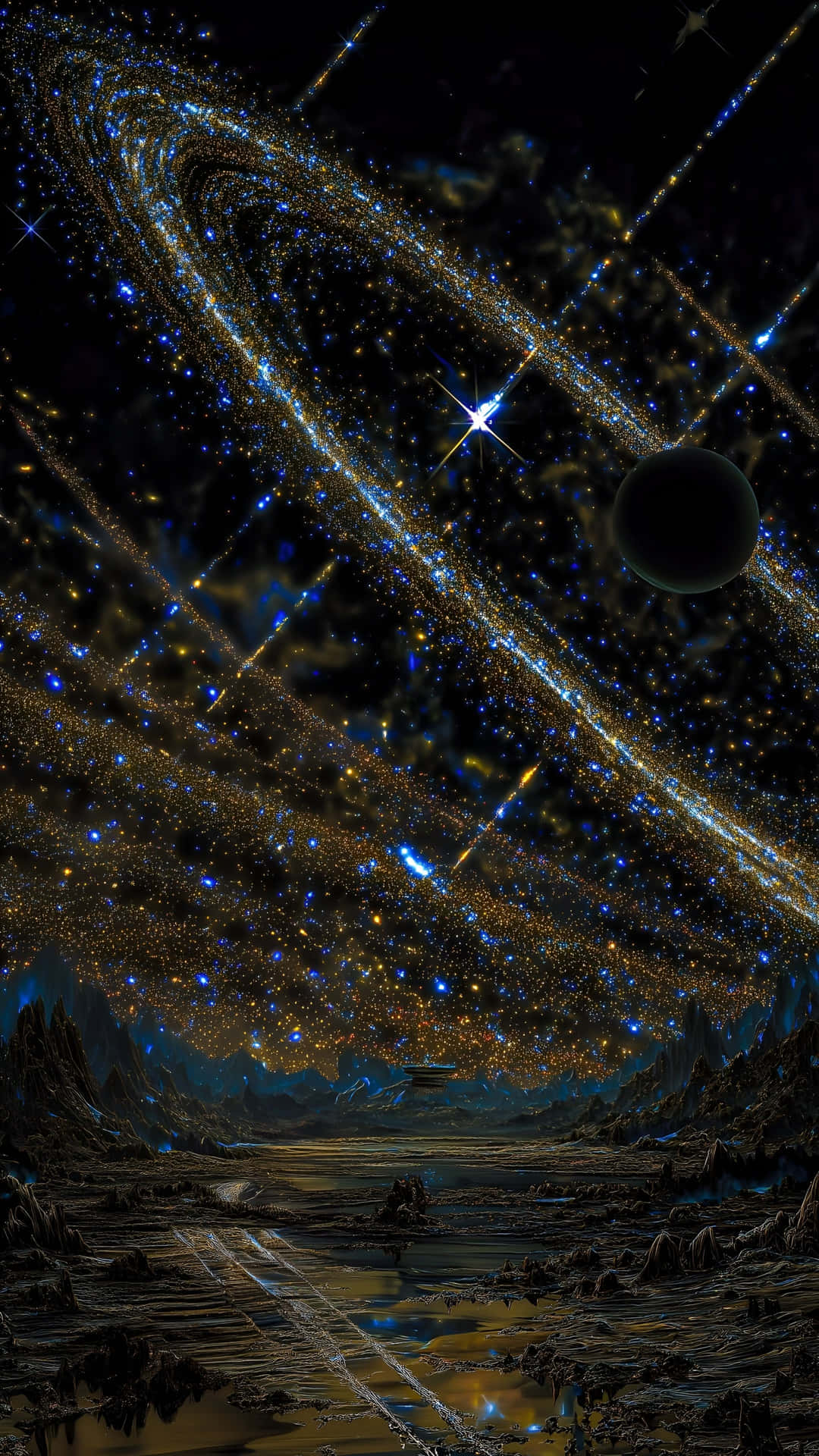  壁紙 — 一個宇宙山谷，發光的藍色和金色星星在鋸齒狀山脈和反射池上方旋轉，背景是黑暗的天空。