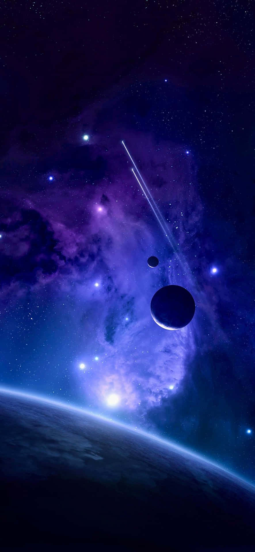  壁紙 — 一個宇宙景觀顯示出一個發光的紫色星雲，有兩顆行星和一顆流星在彎曲的行星地平線上方。