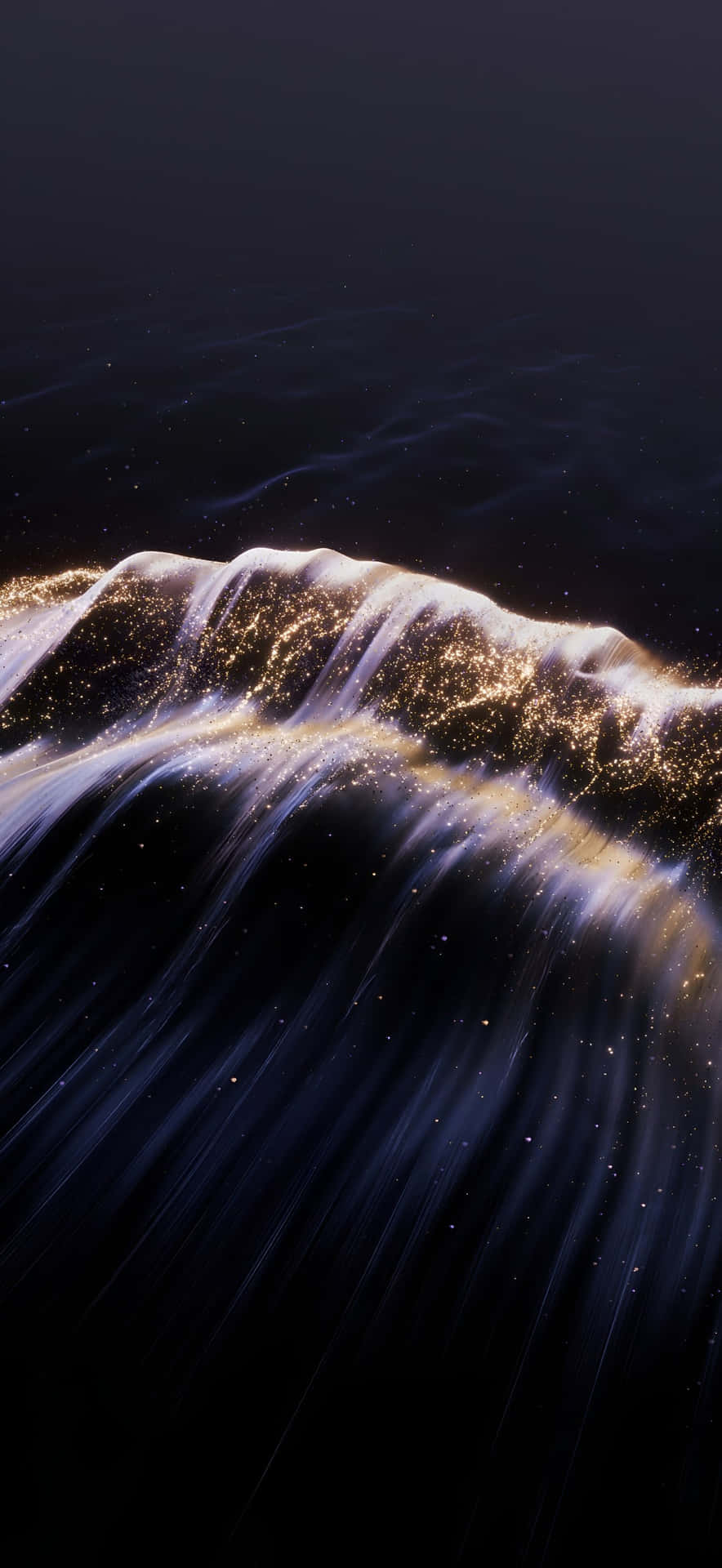  壁紙 — 一道由發光金色粒子組成的宇宙波，撞向黑暗星空虛空，帶有輻射狀條紋。