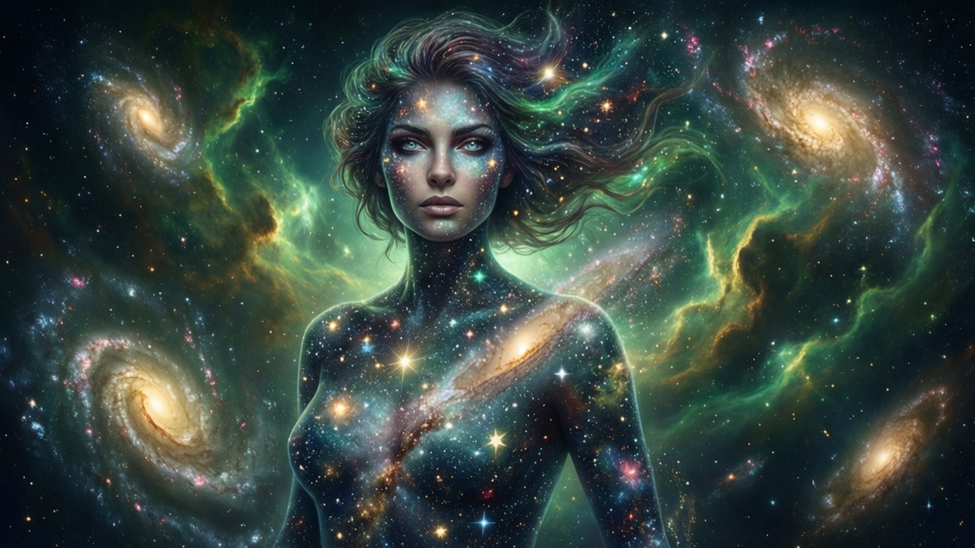 Sylvie Loki 桌布 壁紙 — 一位宇宙女性，擁有銀河條紋的頭髮和星光閃爍的皮膚，站在旋轉的星雲和螺旋星系之中。