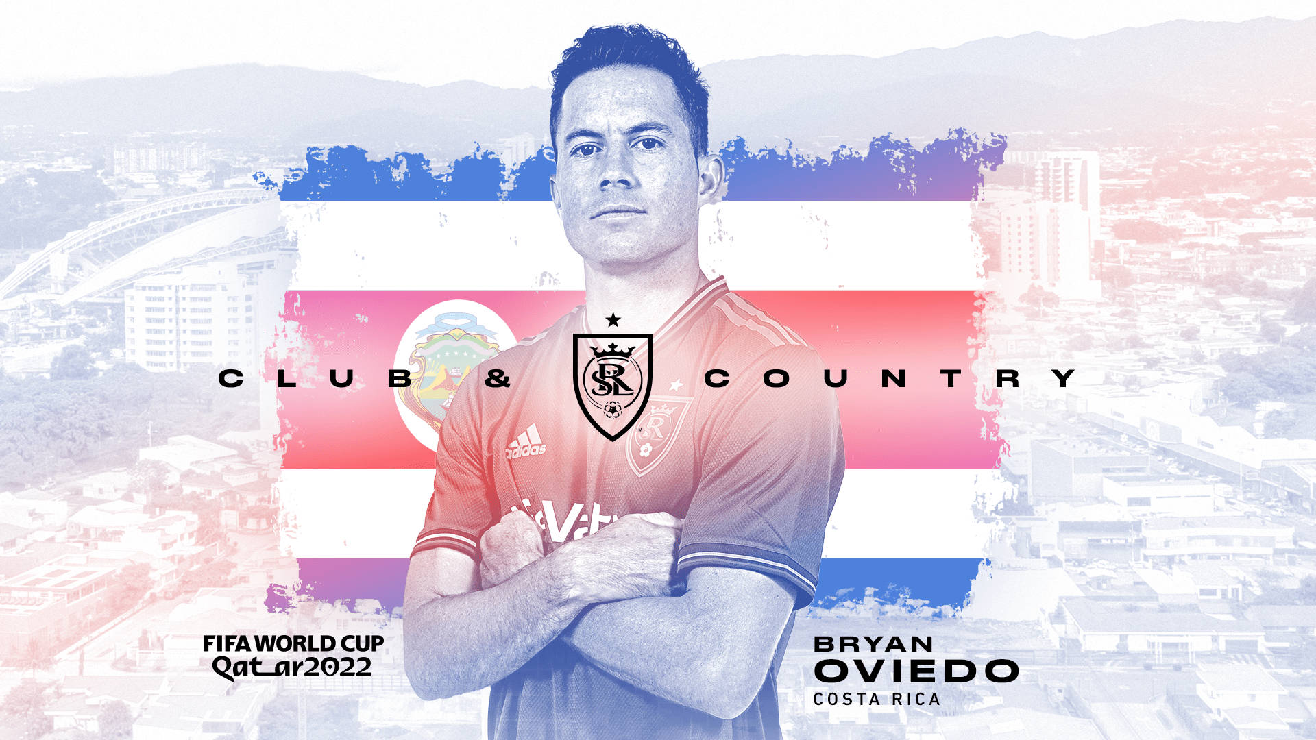 哥斯達黎加足球運動員 Bryan Oviedo 穿著國家隊球衣，背景為城市和國旗。