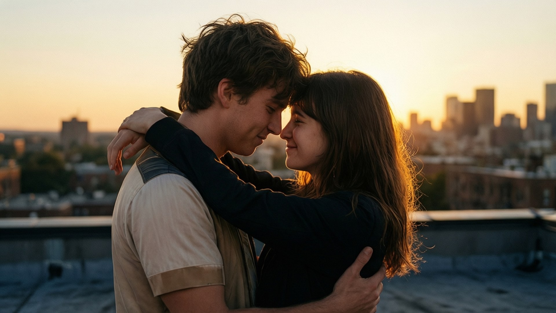 Rooftop Sunset Embrace 壁紙 — 一對情侶在天台上溫柔擁抱，金色夕陽映照他們的臉龐，背景是城市天際線。