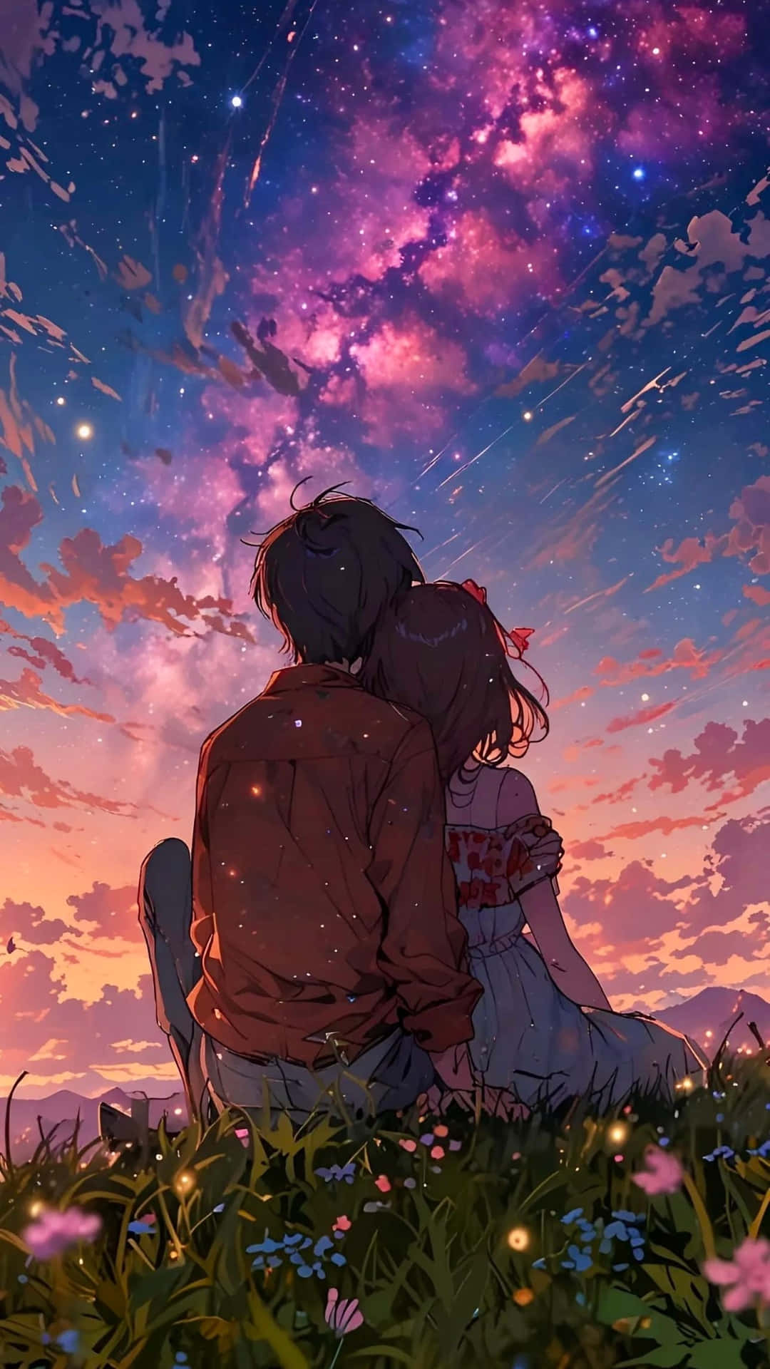  壁紙 — 一對情侶在暮色中擁抱，上方是充滿活力的紫色和粉紅色銀河天空，下方是發光的花田。