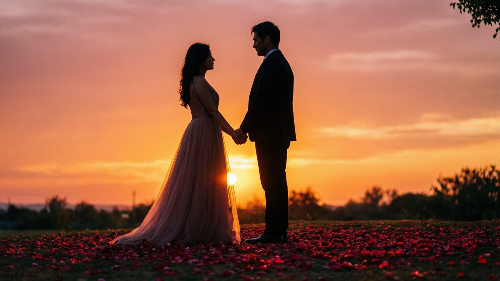 The Bachelorette 桌布 壁紙 — 一對情侶在夕陽映照下以剪影形式牽手，地上散落著紅色花瓣。