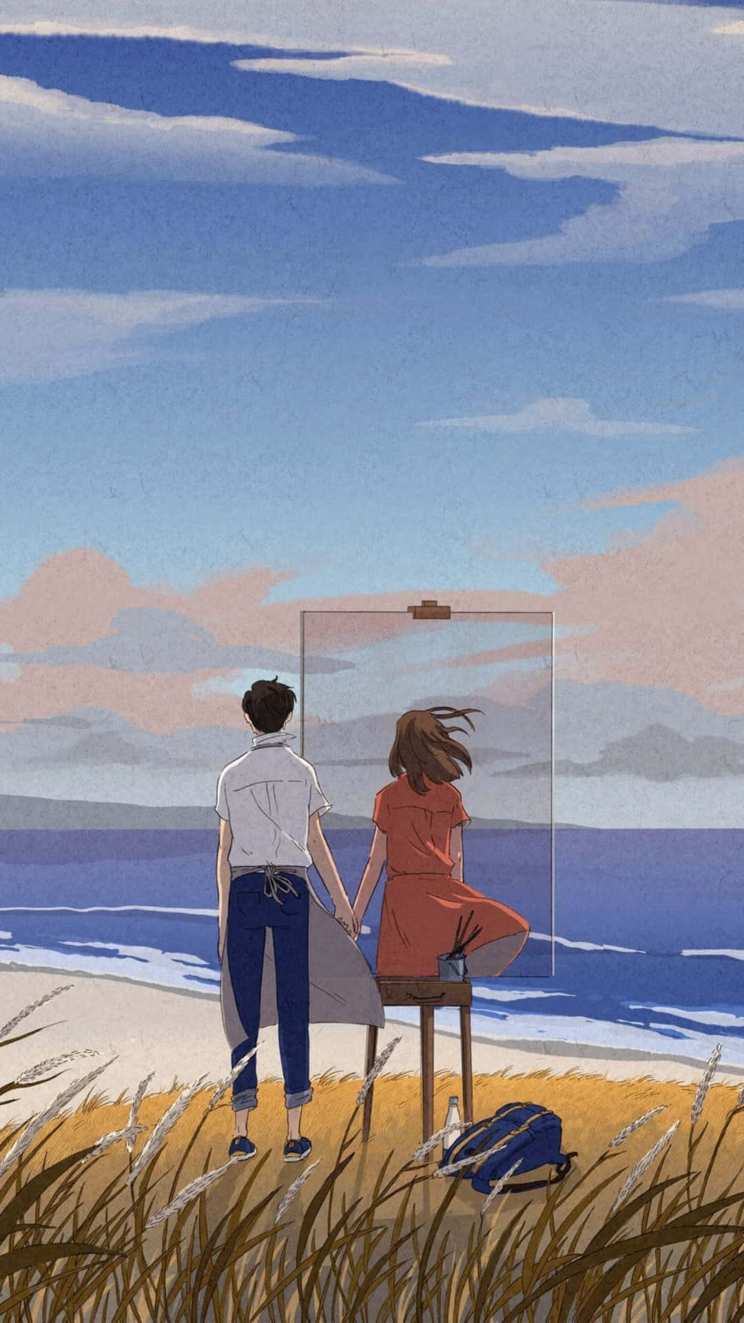  壁紙 — 一對情侶在日落時分的沙灘上牽手，女子在畫海洋，男子在觀看，周圍的草在搖曳。