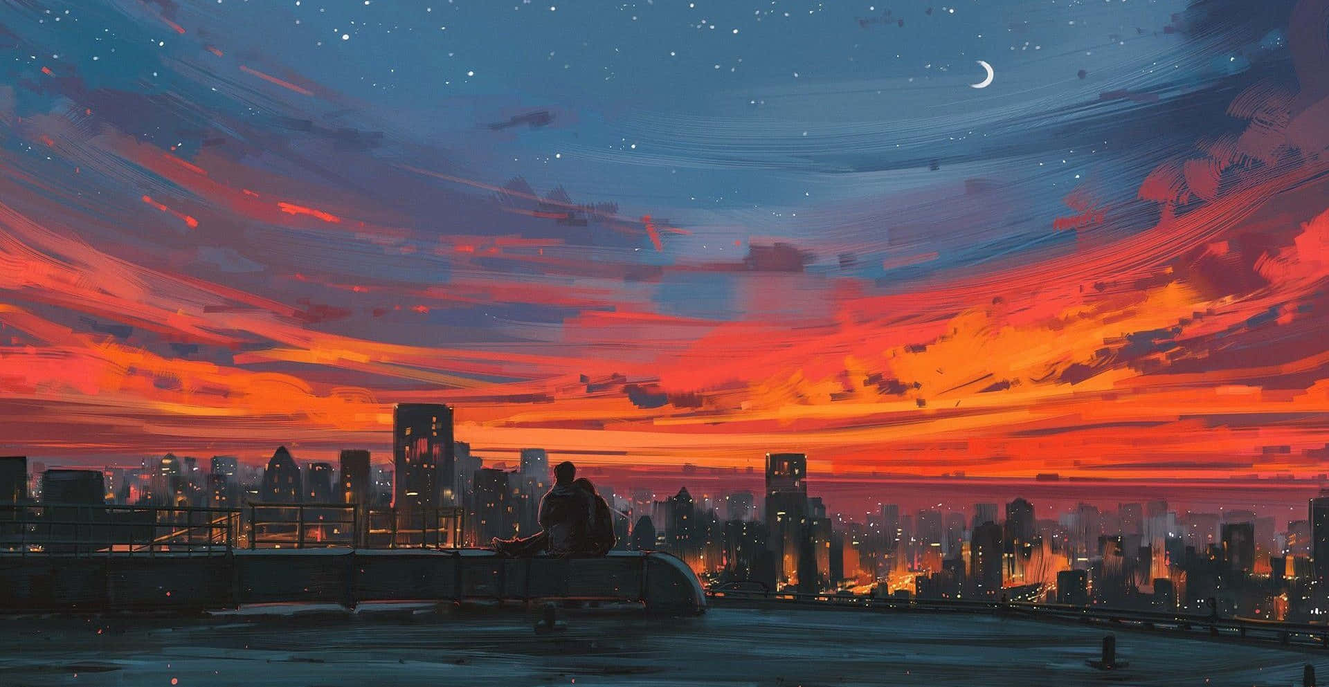 Sunset Painting 桌布 壁紙 — 一對情侶坐在屋頂上，俯瞰城市天際線，火紅的橙色和紫色雲彩劃過星空暮色天空，伴隨著一彎新月。