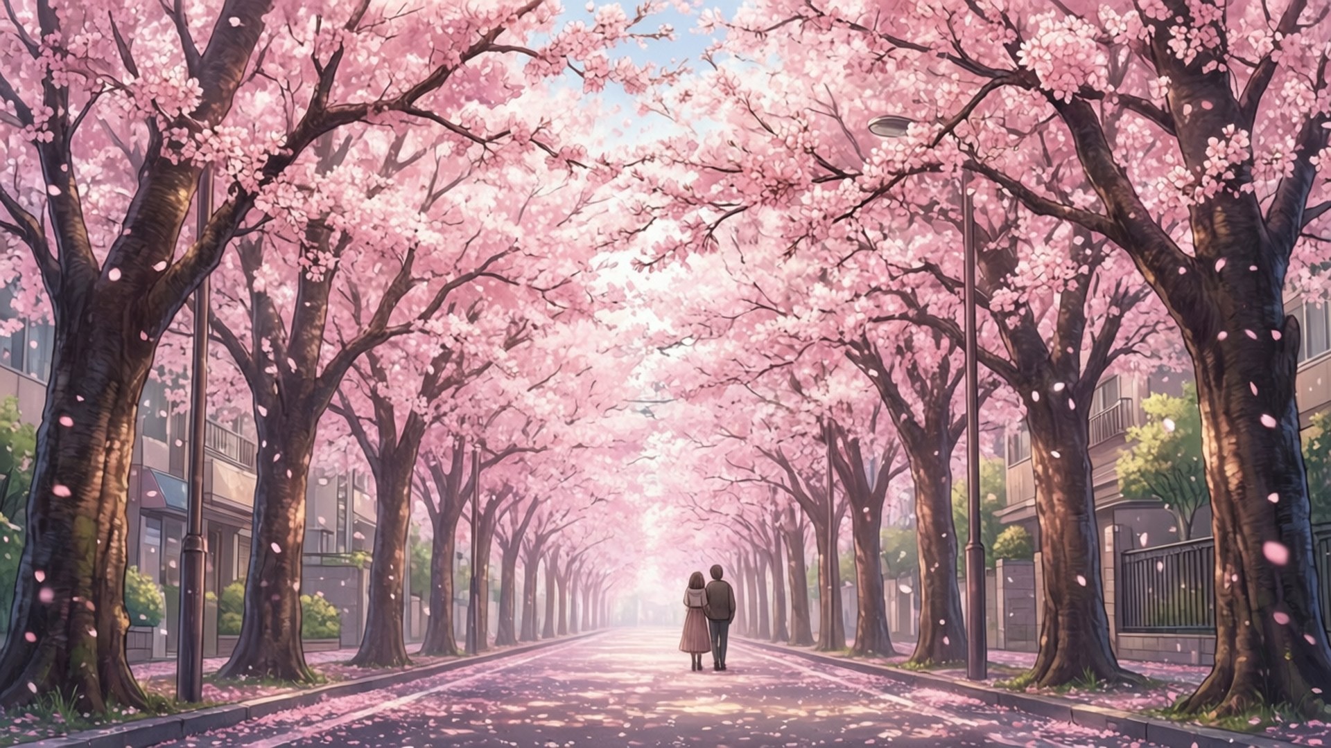 一對情侶在寧靜的城市街道上，在粉紅色櫻花樹冠下漫步。