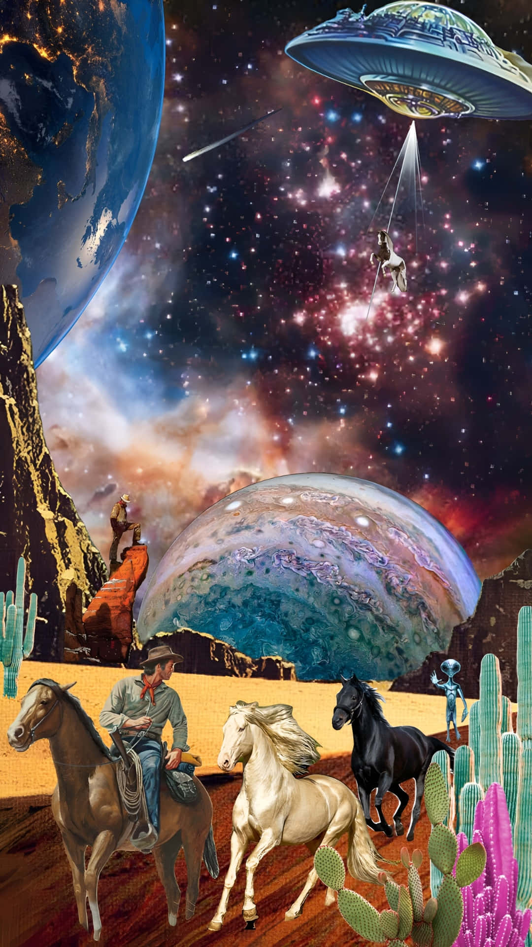  壁紙 — 一個牛仔在沙漠中騎馬，在充滿UFO、外星人和行星的宇宙天空下奔馳。