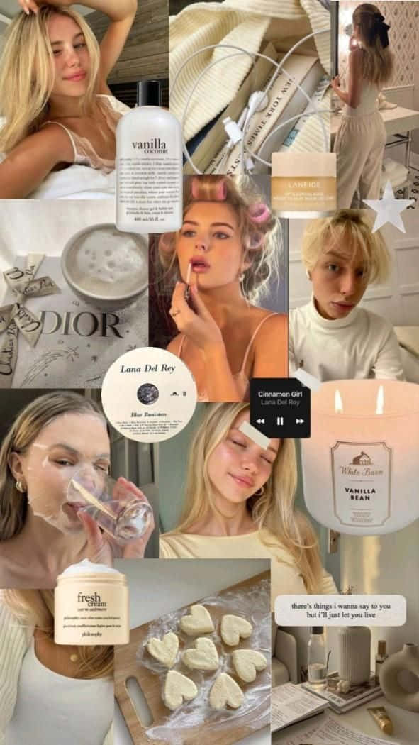  壁紙 — 一個舒適的拼貼畫，金髮女性享受自我護理儀式，搭配香草味產品、音樂和心形美食。