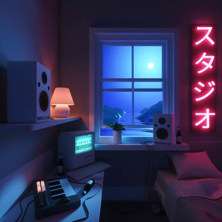  壁紙 — 夜晚舒適的數碼音樂工作室，窗外有發光的霓虹燈牌和月光下的海景。