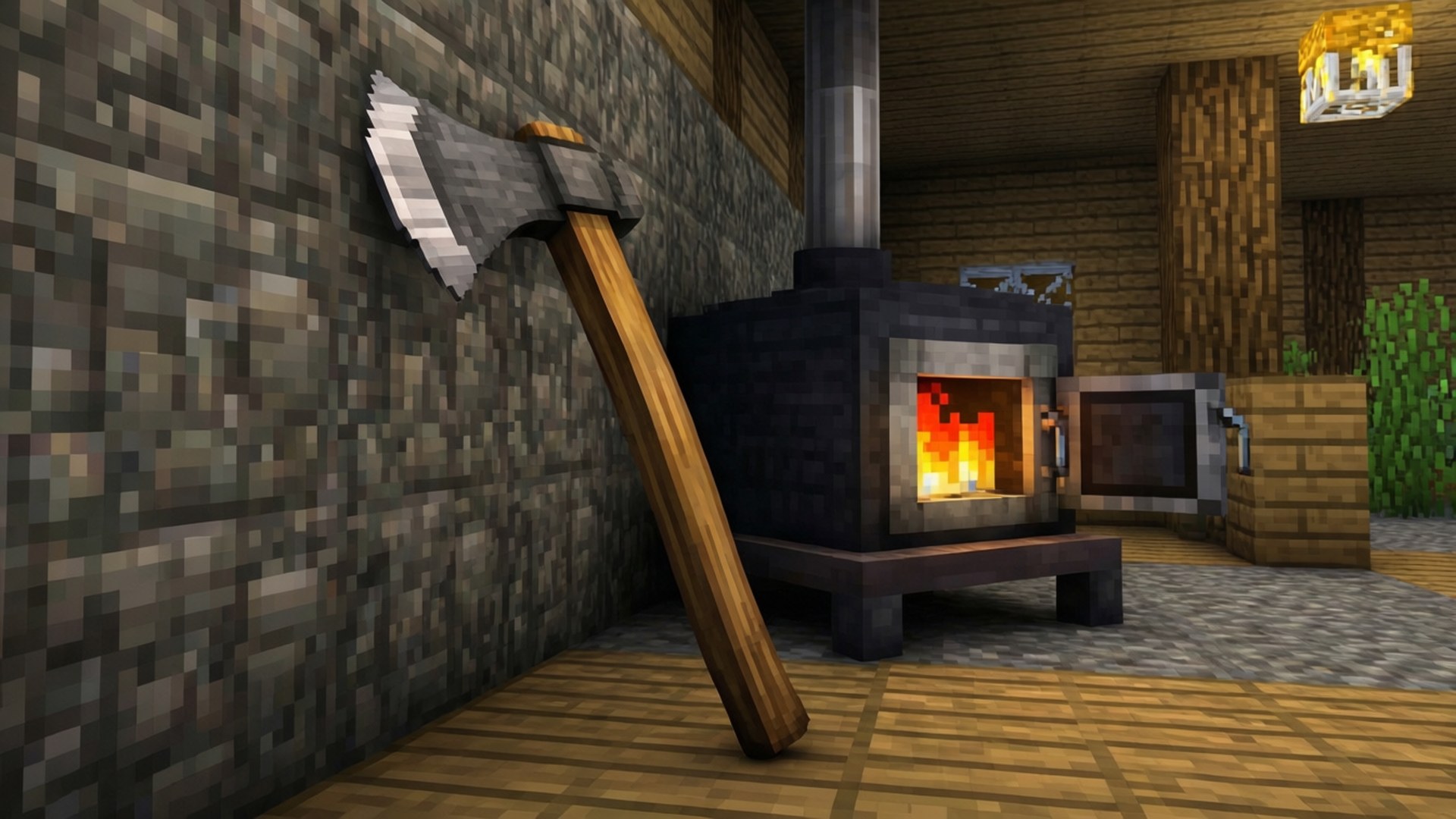 Minecraft小屋，有壁爐同靠喺石牆上嘅斧頭