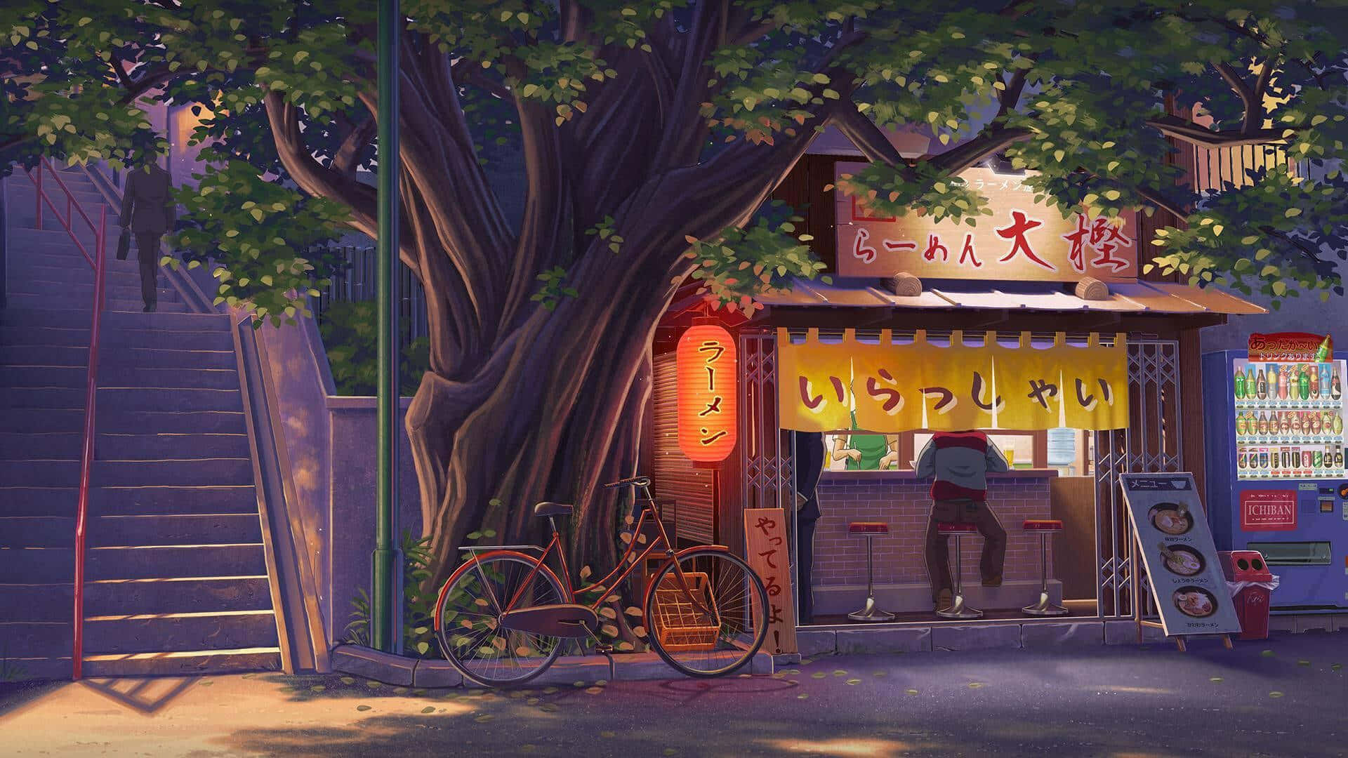  壁紙 — 一間舒適的拉麵店，坐落在一棵大樹下，外面停著一輛單車，黃昏時有人正在走上樓梯。