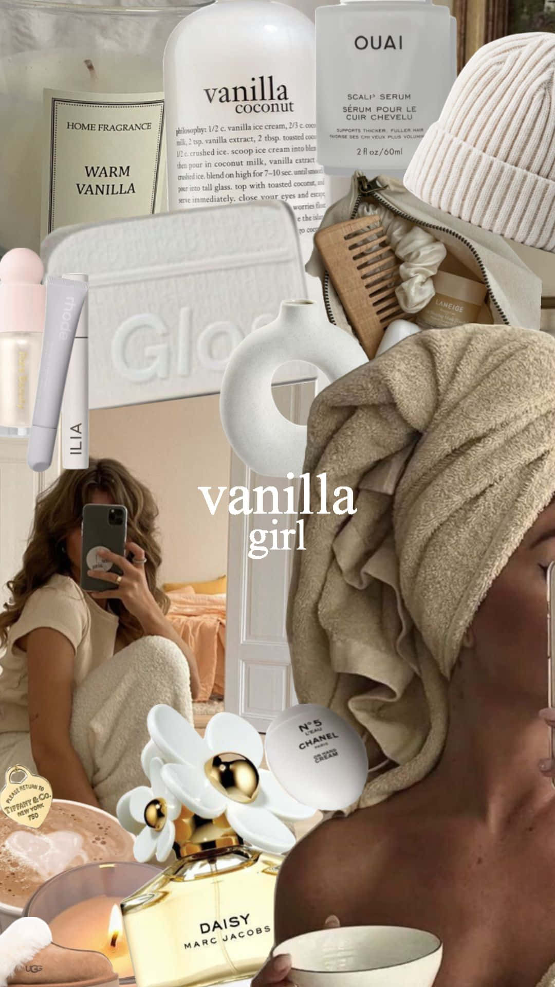  壁紙 — 一個舒適的自我護理拼貼畫，展示一位頭上裹著毛巾的女性，周圍環繞著香草味美容產品和蠟燭。