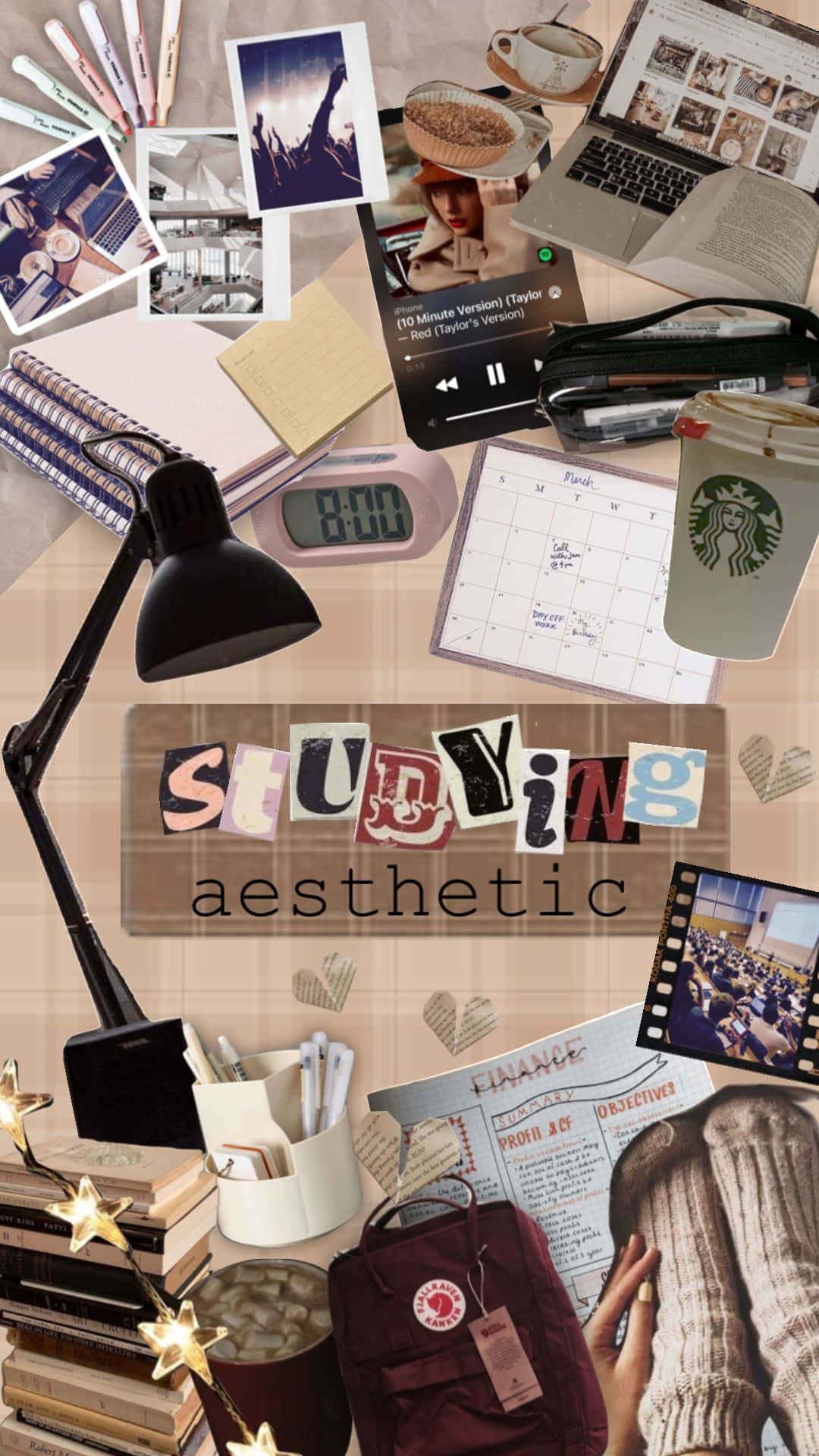 School Aesthetic 桌布 壁紙 — 一個舒適的學習美學拼貼，包含檯燈、書籍、咖啡、手提電腦和勵志筆記。