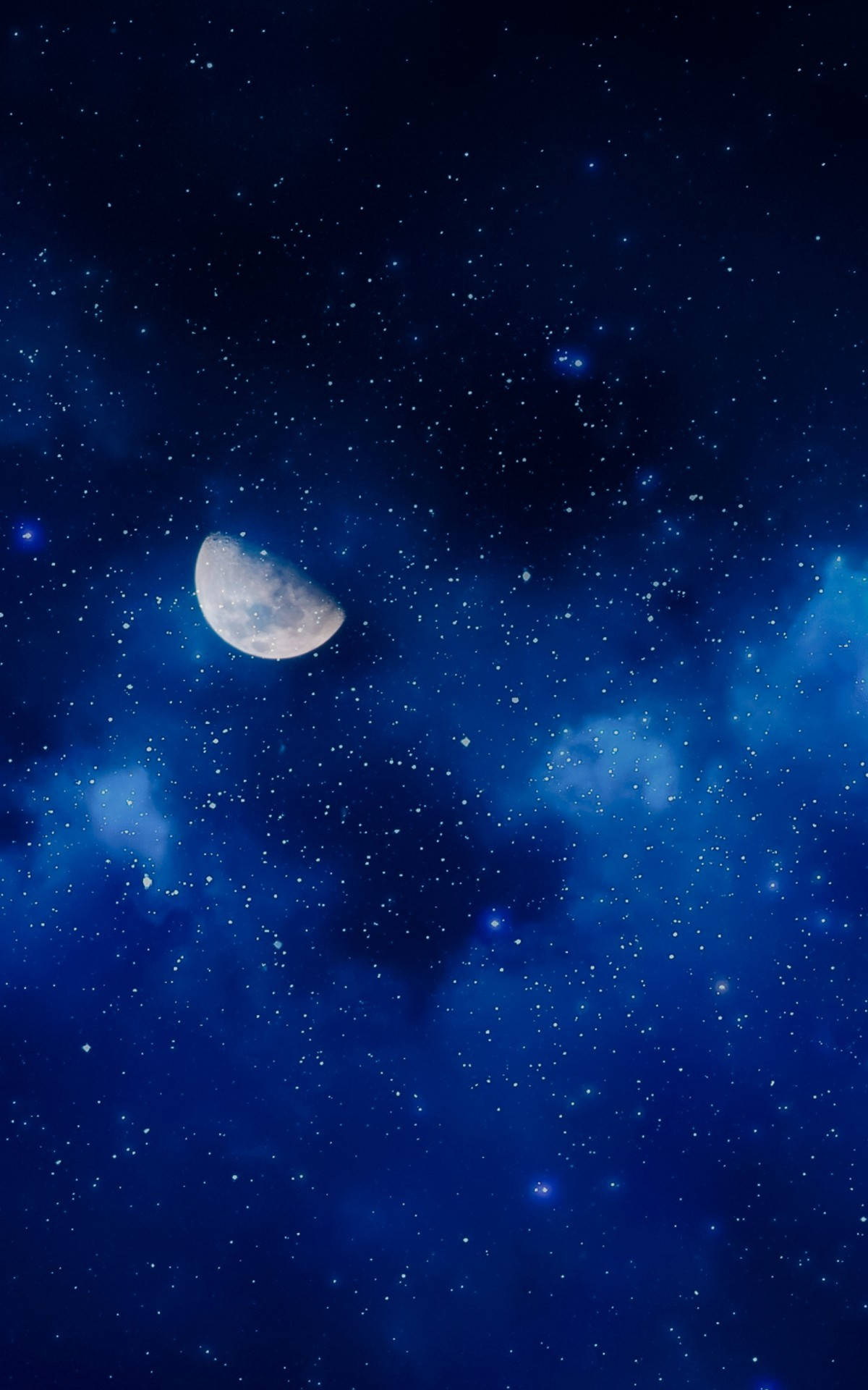 新月在繁星點點的夜空，帶有藍色星雲。