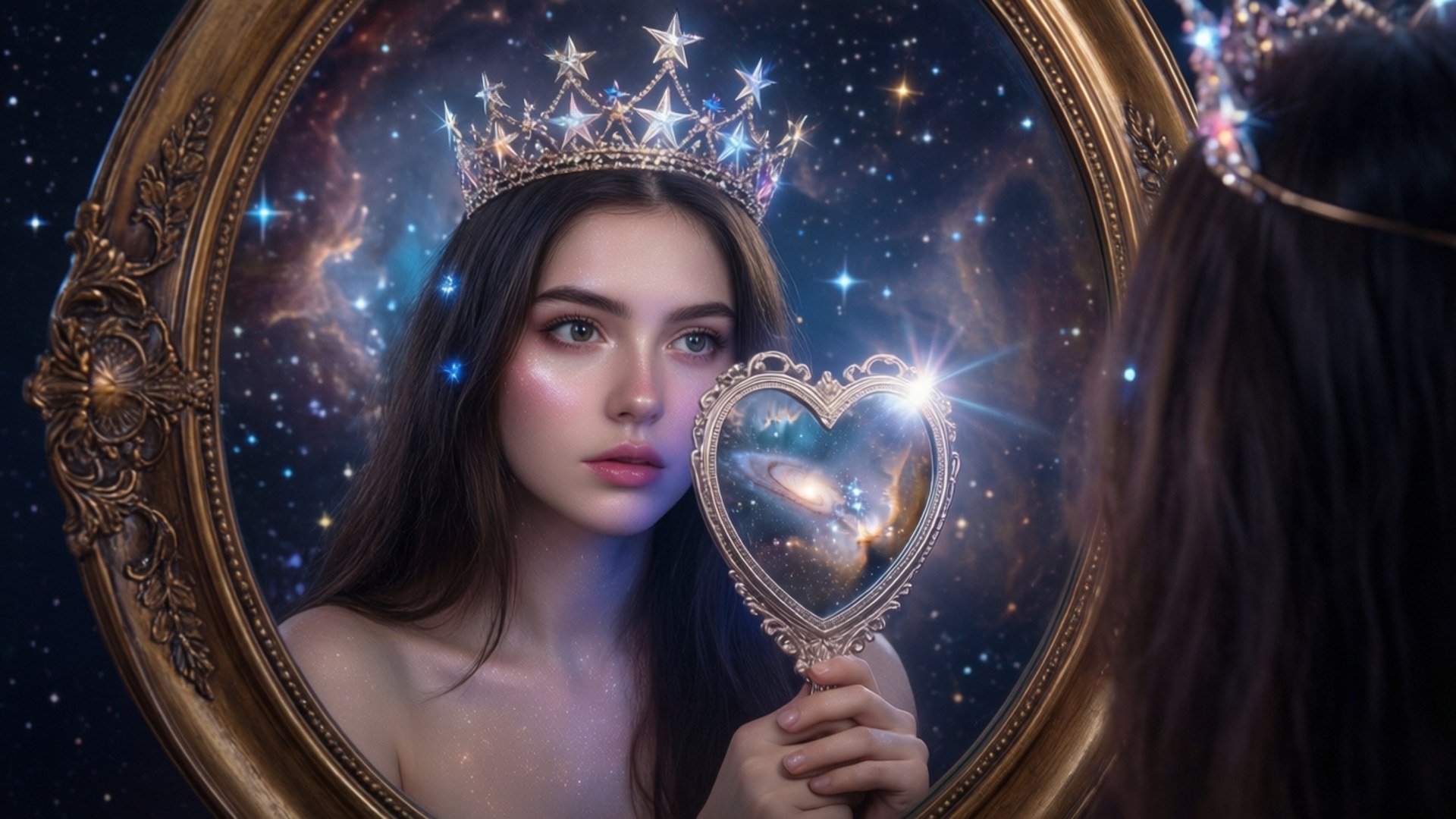 戴著星星皇冠的女性手持心形鏡子，反射出一個星系。