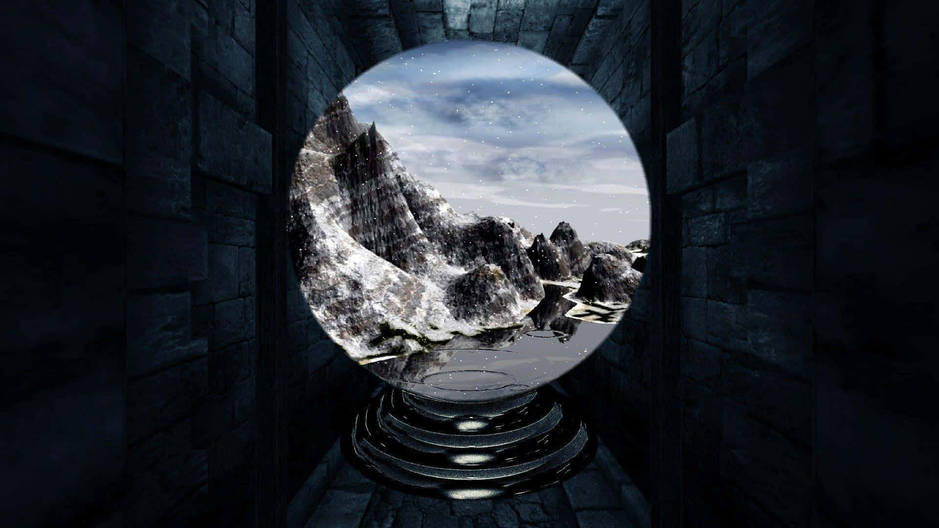  壁紙 — 石室中的水晶球顯現出星空下白雪覆蓋的山脈。