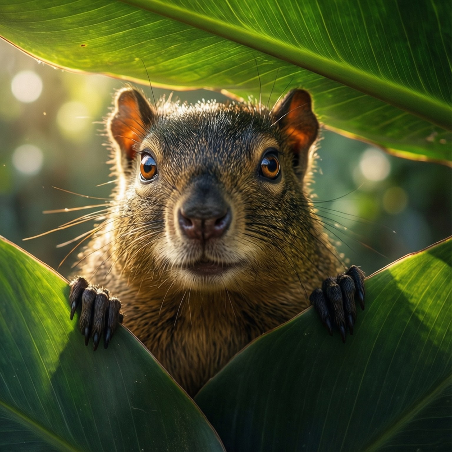 Agouti 桌布 壁紙 — 一隻好奇的松鼠從巨大的綠葉後面探出頭來，陽光突顯了牠的鬍鬚和毛髮。