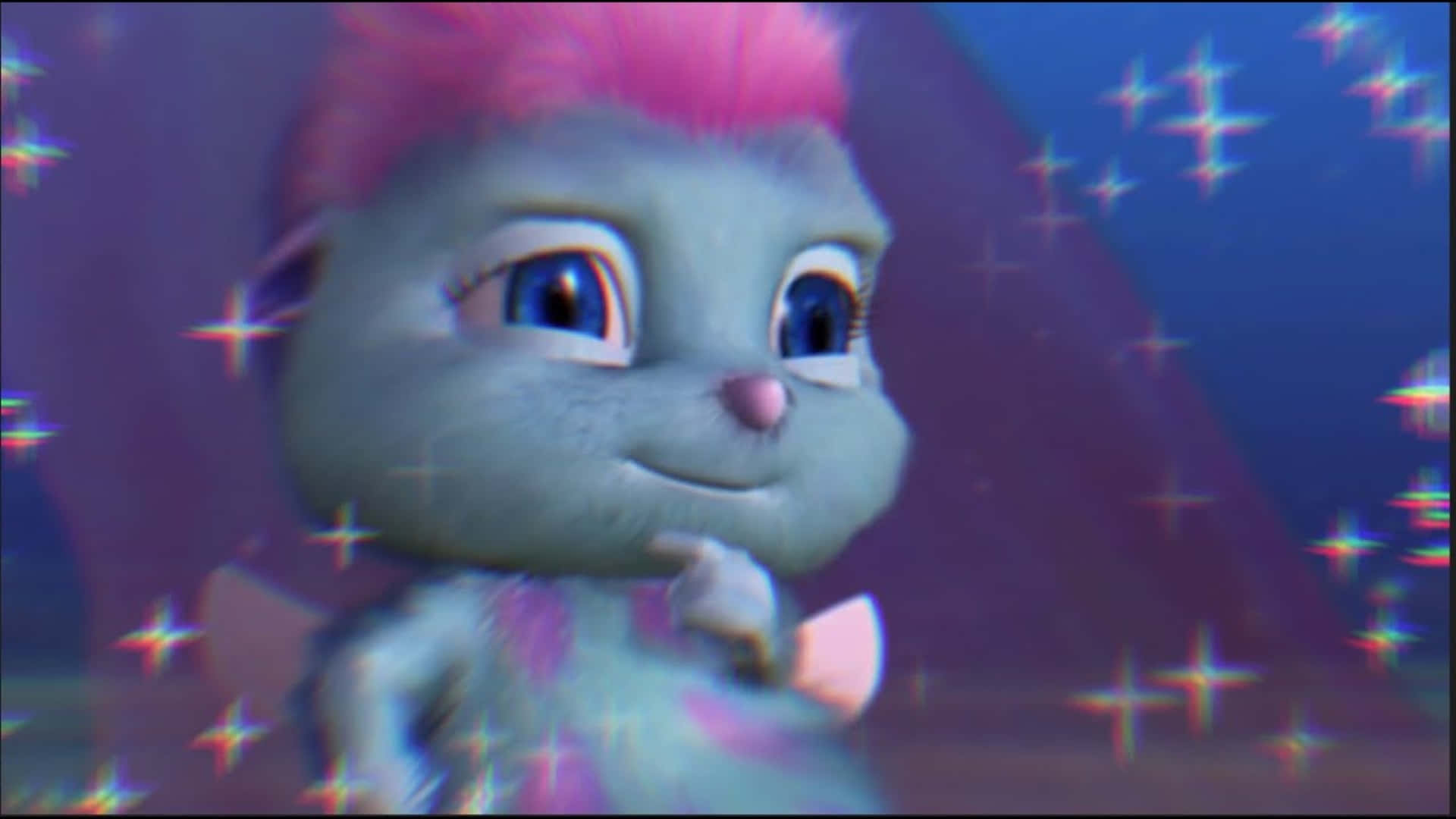  壁紙 — 一隻可愛的動畫貓咪，擁有粉紅色莫西乾頭和藍色眼睛，在夢幻紫色背景中閃爍的星爆中微笑。