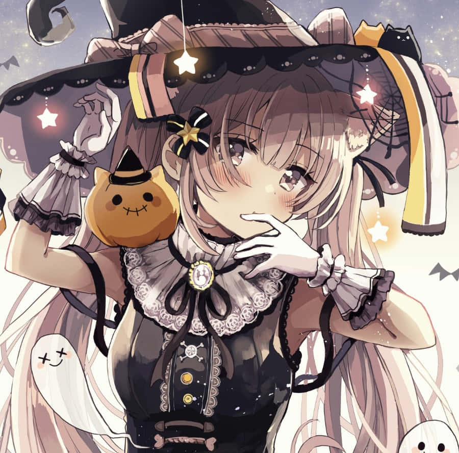  壁紙 — 一個可愛的動漫女孩穿著萬聖節女巫服裝，與南瓜和幽靈朋友在星空下。