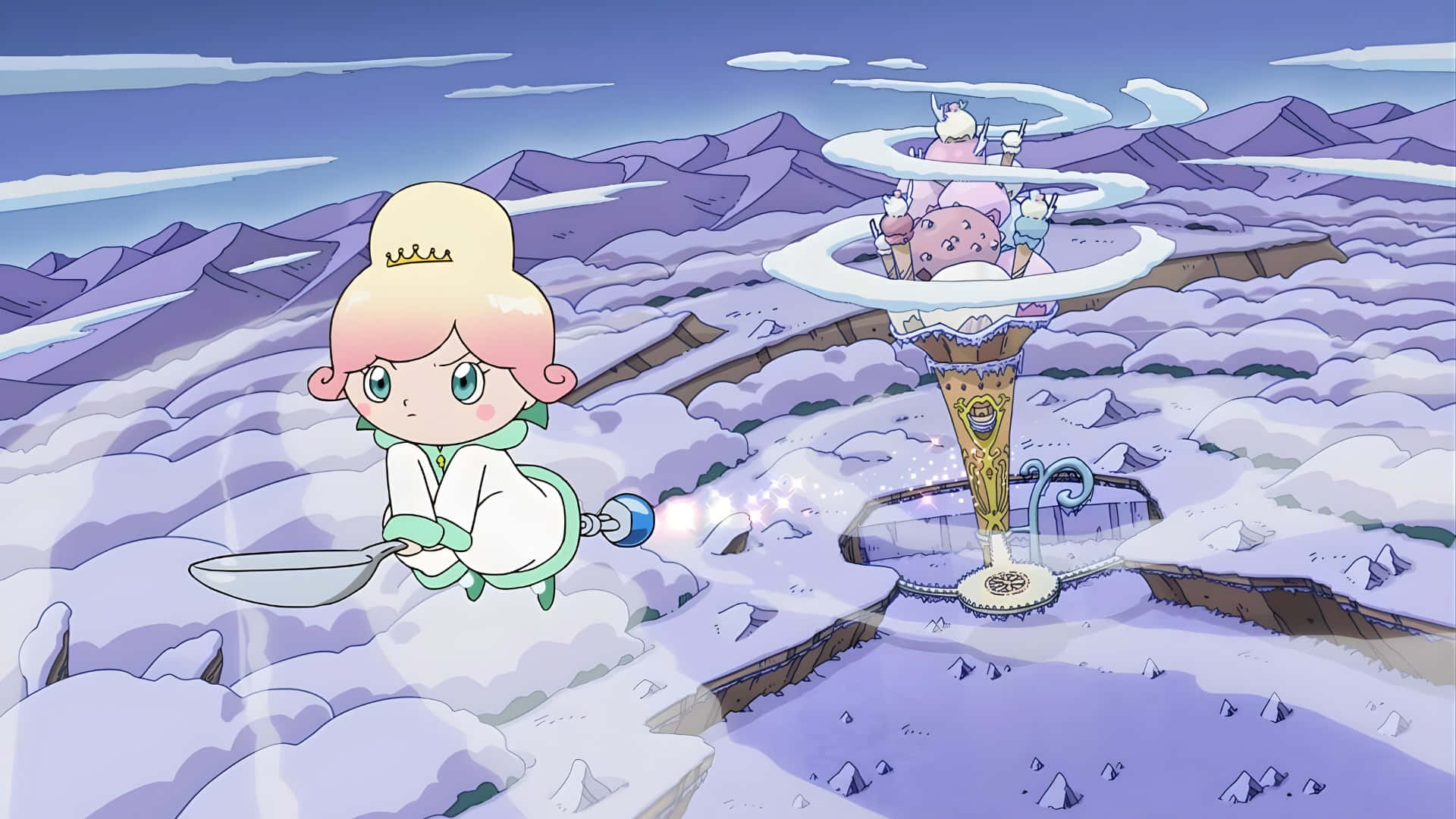  壁紙 — 一個可愛的動漫女孩穿著白色長袍，拿著湯匙，漂浮在雪山之上，旁邊有一個巨大的冰淇淋甜筒，裡面有一個粉紅色的生物。