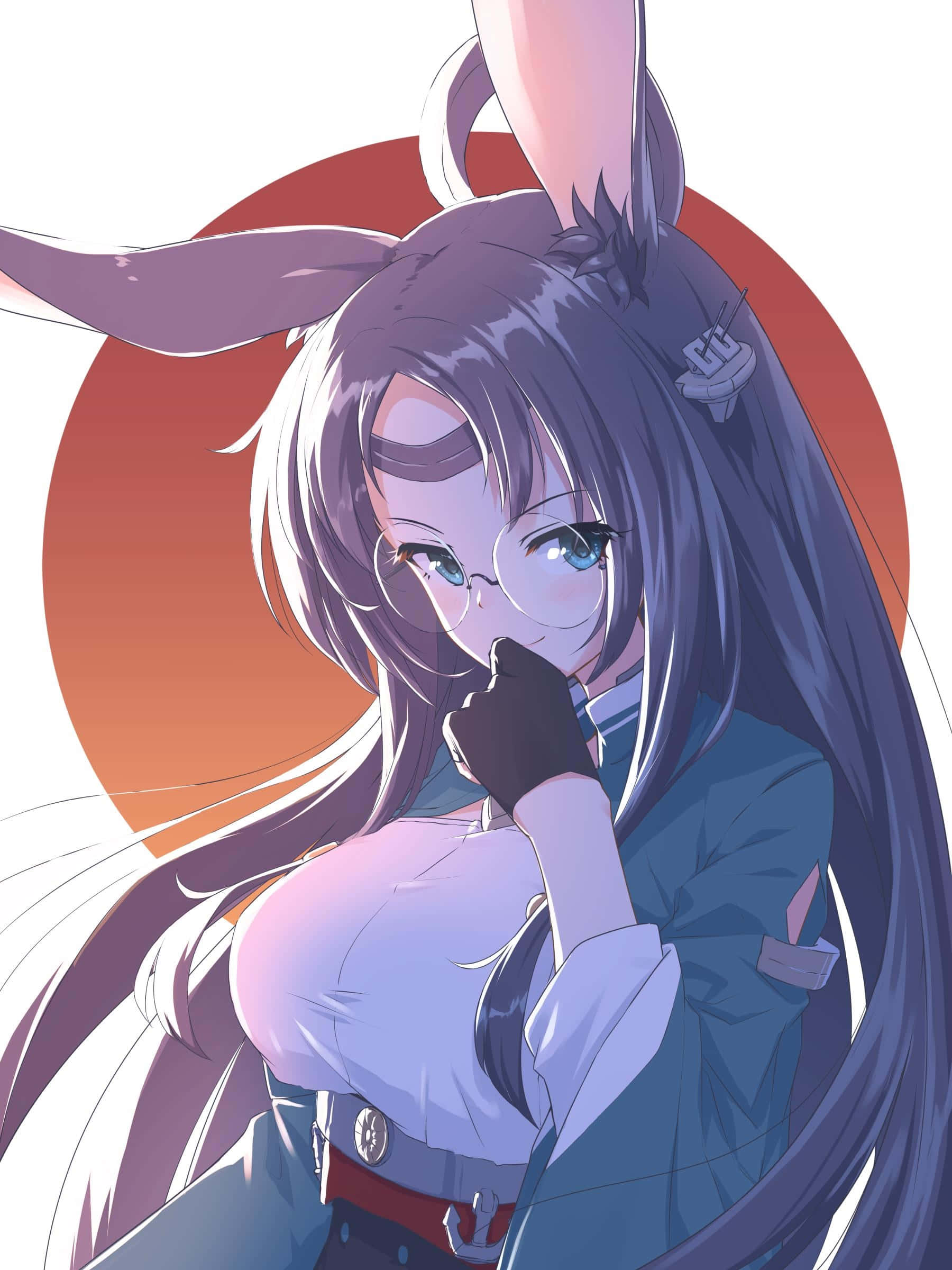Azur Lane Souryuu 桌布 壁紙 — 一個可愛的動漫女孩，戴著兔耳朵和眼鏡，在溫暖的橙色圓形背景前溫柔地微笑。