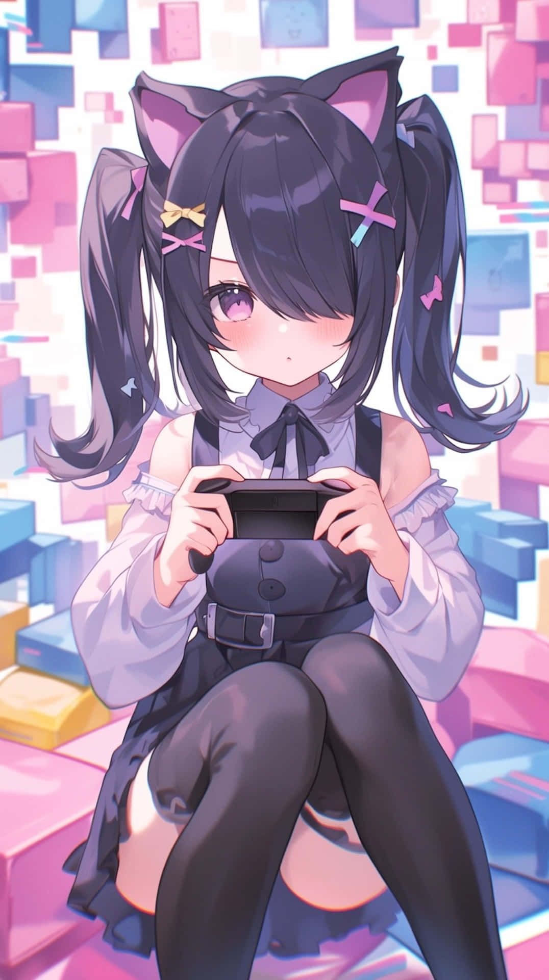 Needy Streamer Overload 桌布 壁紙 — 一個可愛的動漫女孩，有貓耳朵和雙馬尾，盤腿坐著拿著遊戲控制器，周圍環繞著色彩繽紛的漂浮方塊。