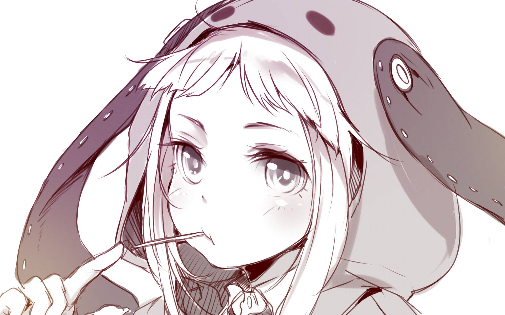 桌布 壁紙 — 一個可愛的動漫女孩，長長的白髮，戴著一個大的灰色章魚頭套，拿著筷子貼在嘴唇上。