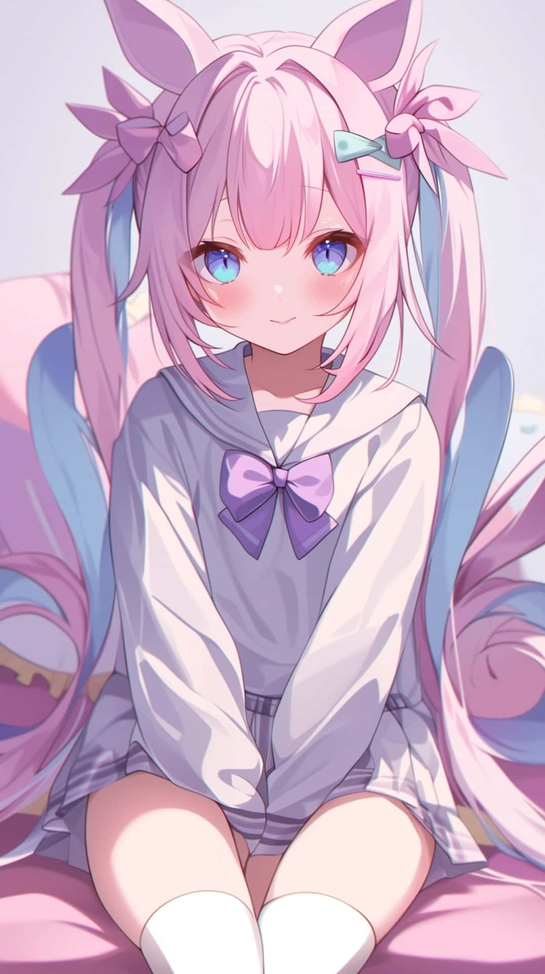 Needy Streamer Overload 桌布 壁紙 — 一個可愛的動漫女孩，粉紅色頭髮和貓耳朵，穿著帶有紫色蝴蝶結的水手服，溫柔地微笑。