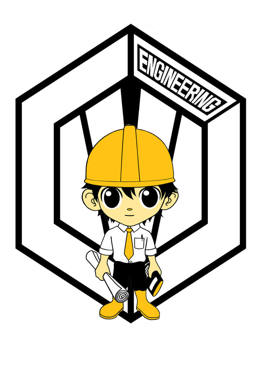 戴黃色安全帽的動漫工程師在標有 engineering 的六邊形內拿著藍圖。