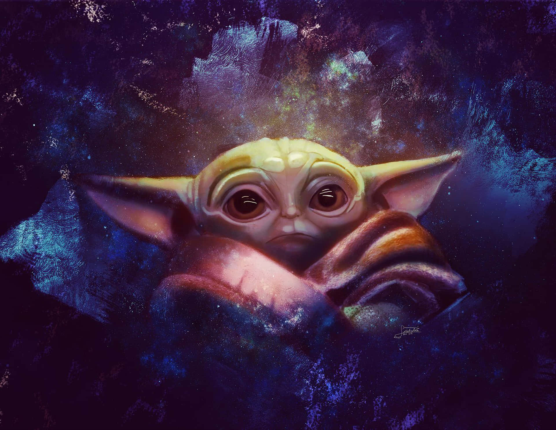 嬰兒尤達裹著毯子，在宇宙星空背景下。