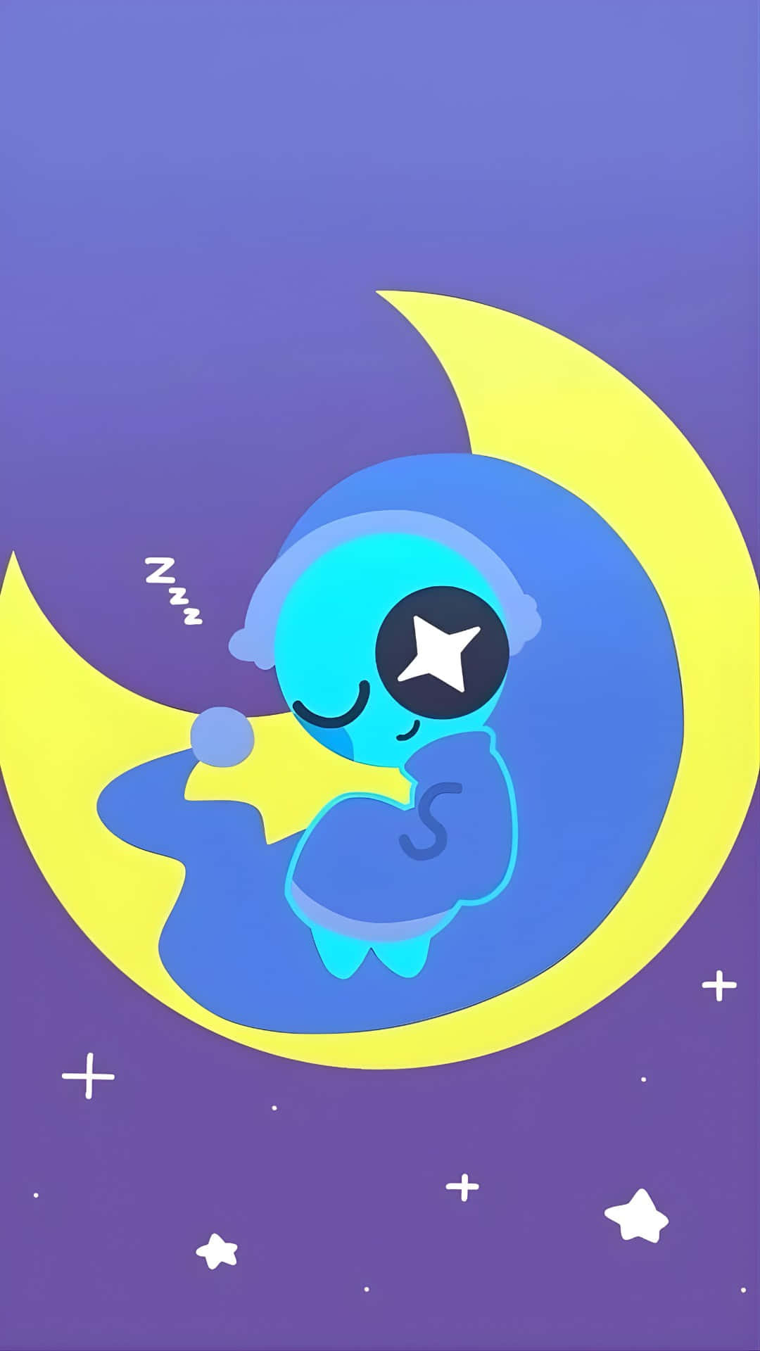  壁紙 — 一個可愛的藍色卡通角色在紫色星空下，蜷縮在黃色新月上安詳入睡。