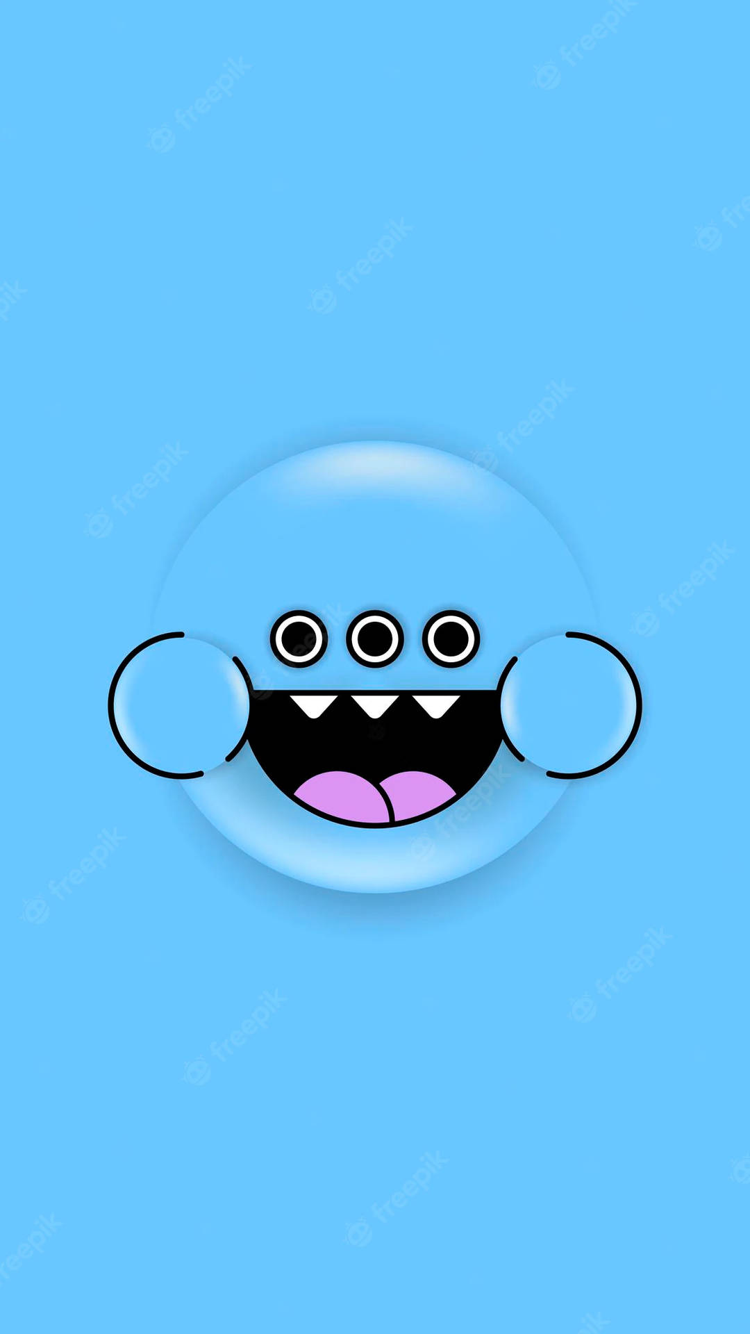 一個快樂的藍色卡通怪物，有三隻眼睛和一個大大的笑容。