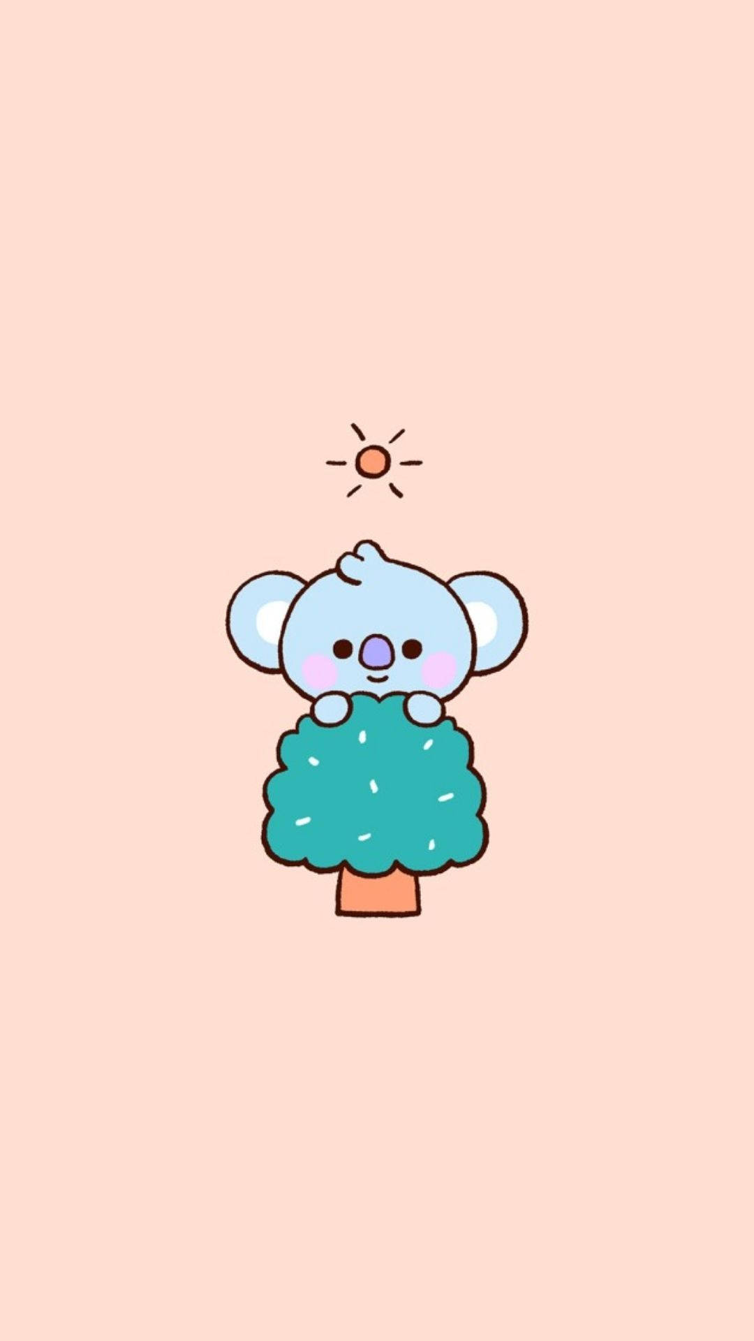 躲藏的 BT21 嬰兒 Koya 壁紙 — 一隻可愛的藍色樹熊緊抓著一棵小綠樹，背景是柔和的桃色，上方有一個小太陽。