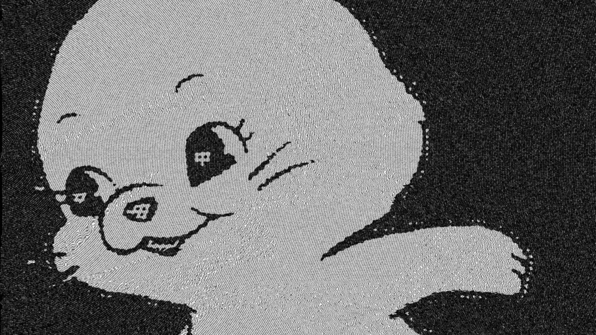  壁紙 — 一個可愛的卡通嬰兒，咧嘴大笑，心形眼睛，以紋理黑白呈現。