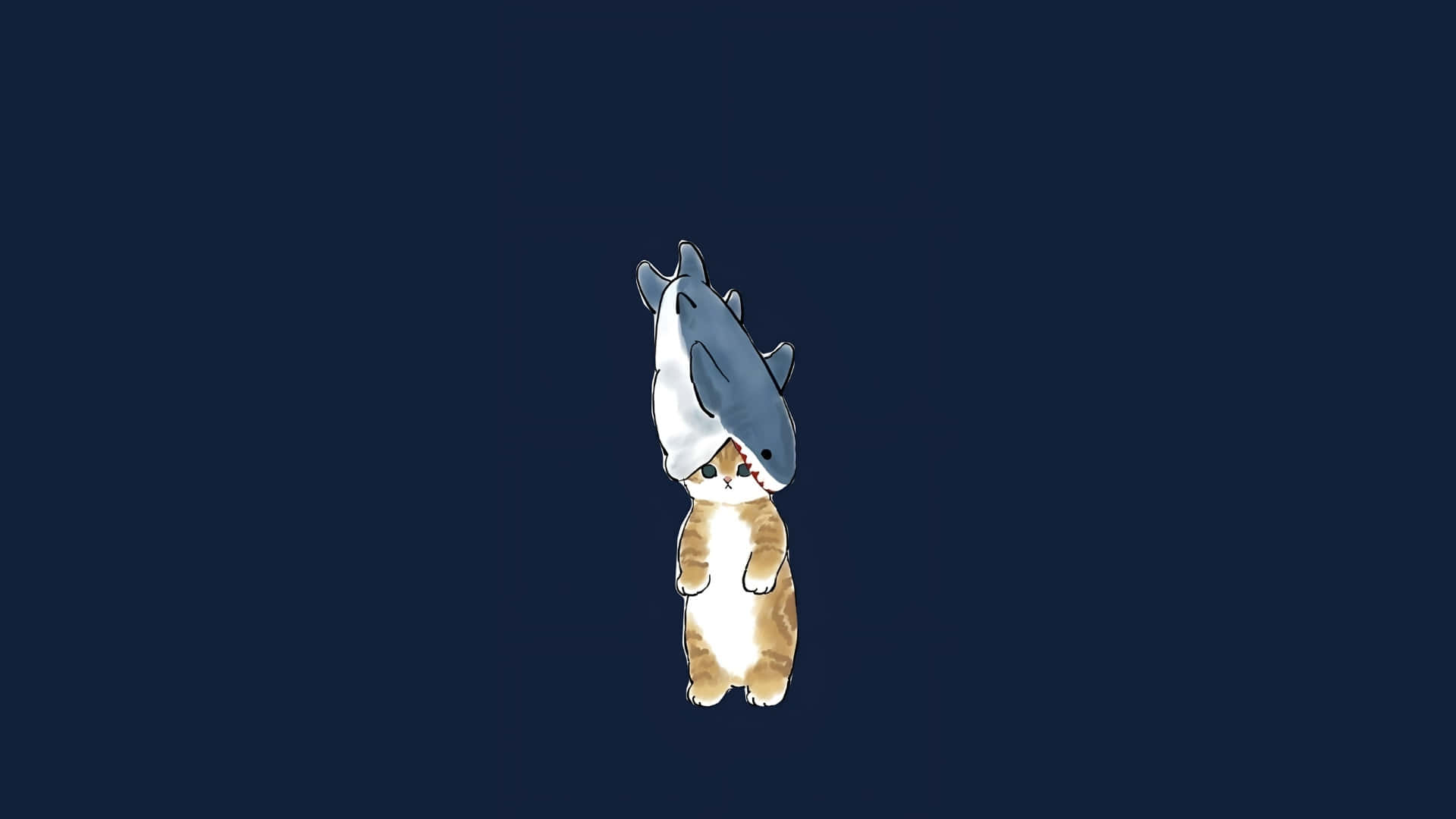  壁紙 — 一隻可愛的卡通貓戴著鯊魚頭盔，漂浮在深藍色背景上。