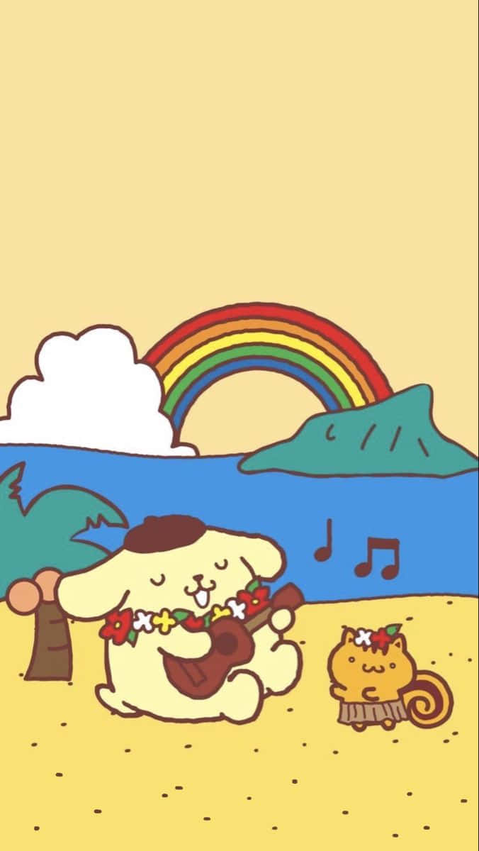  壁紙 — 一隻可愛的卡通狗在陽光明媚的海灘上彈結他，彩虹下有一隻貓朋友在附近。