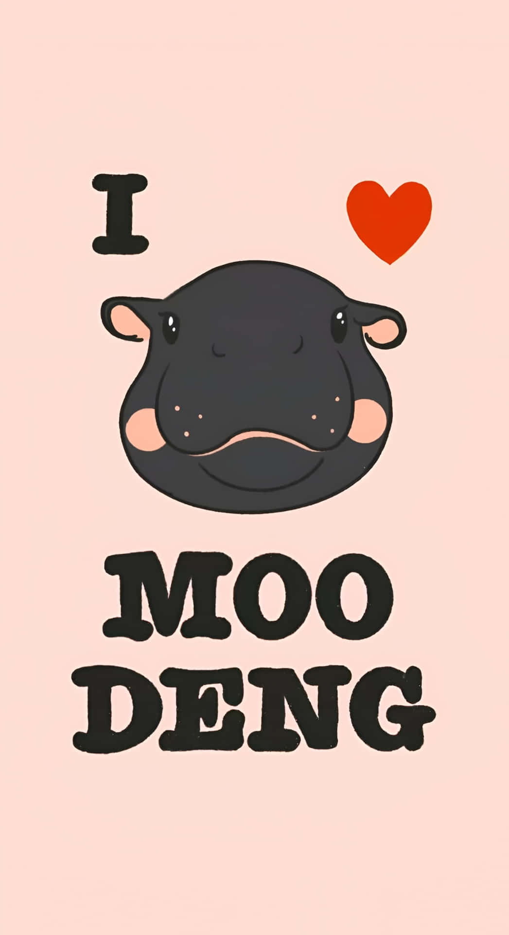  壁紙 — 一隻可愛的卡通河馬，帶有心形和文字 I MOO DENG，背景為柔和的粉紅色。