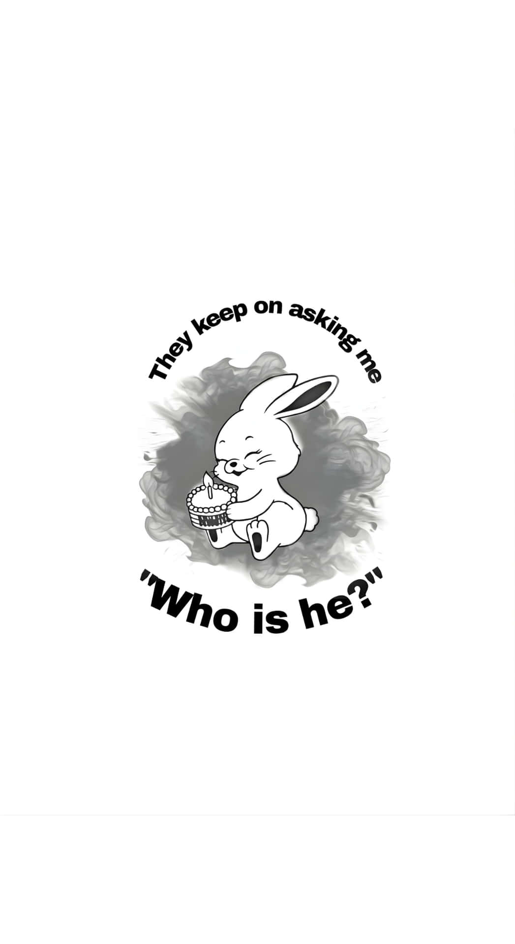  壁紙 — 一隻可愛的卡通兔仔拿著杯子蛋糕，被煙霧般的灰色雲朵包圍，並附有文字問他是誰。